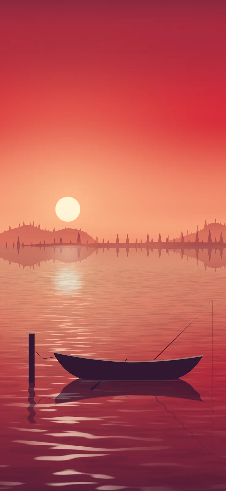 Red Fishing Rowboat on a Misty Lake wallpaper for iPhone and Android