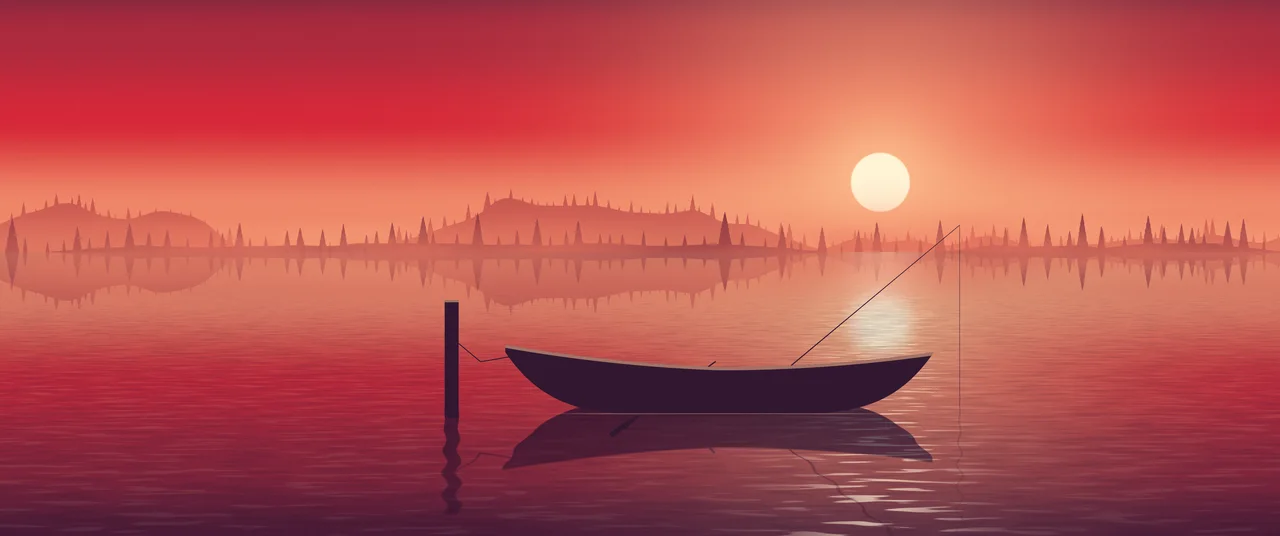 Red Fishing Rowboat on a Misty Lake ultrawide wallpaper, 3440 × 1440