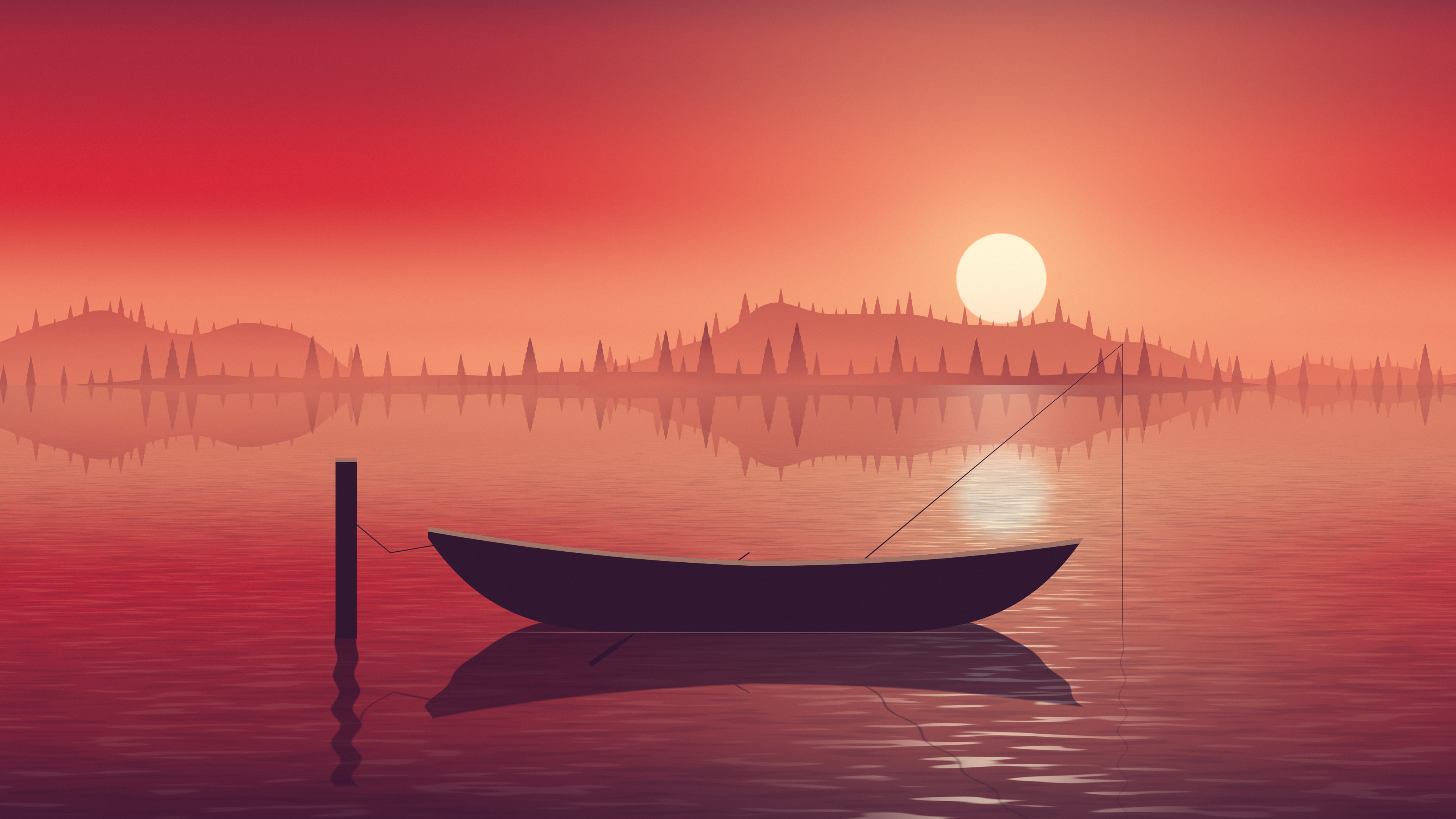 Red Fishing Rowboat on a Misty Lake desktop wallpaper in 4K