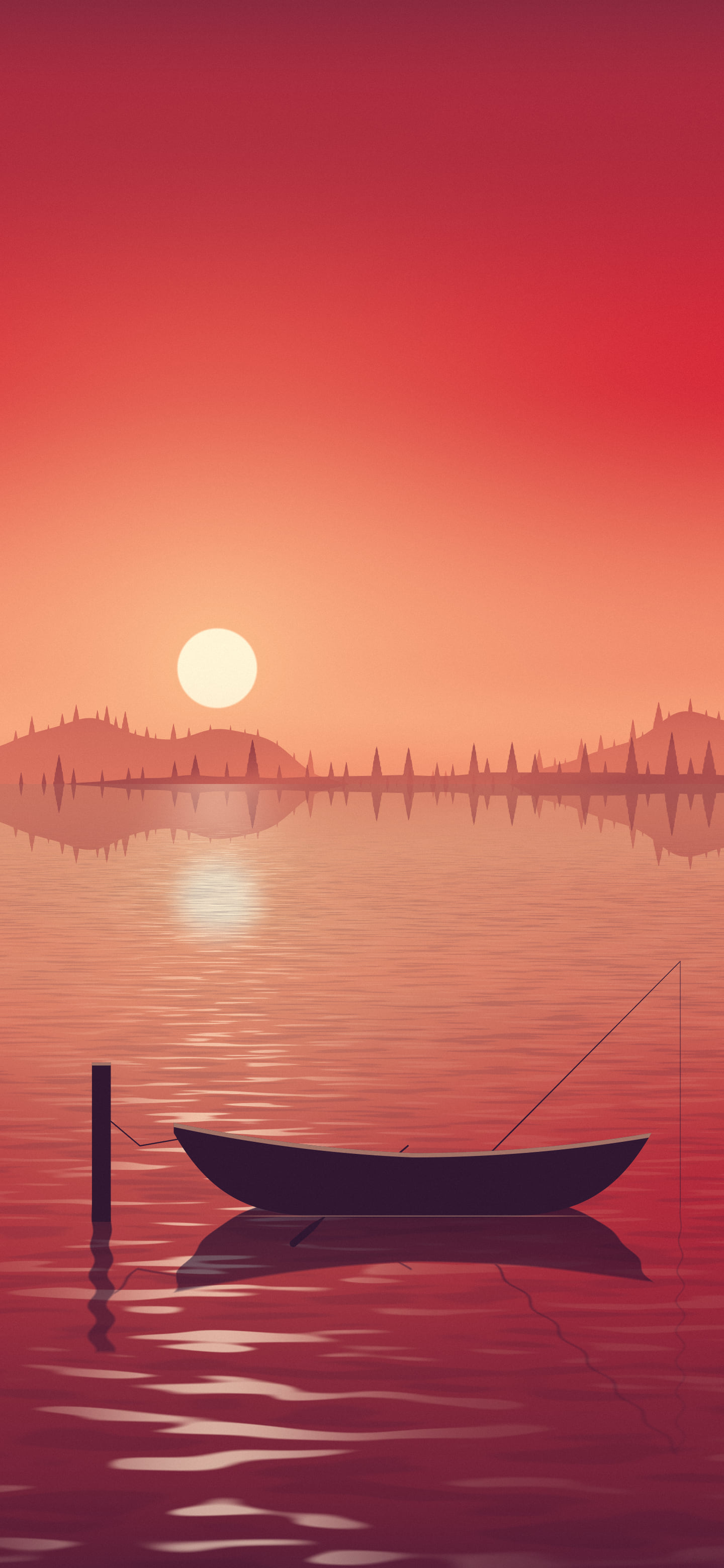 Red Fishing Rowboat on a Misty Lake wallpaper for iPhone and Android