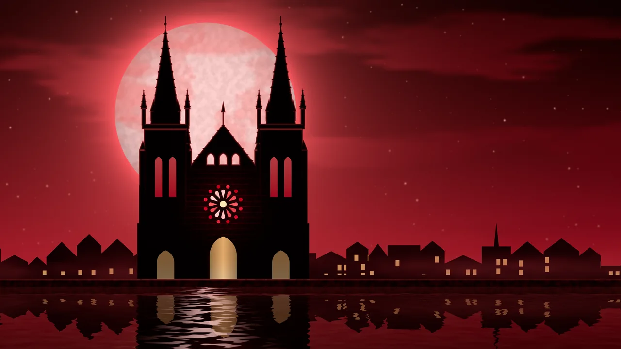Red Gothic Cathedral and Full Moon desktop wallpaper in 4K