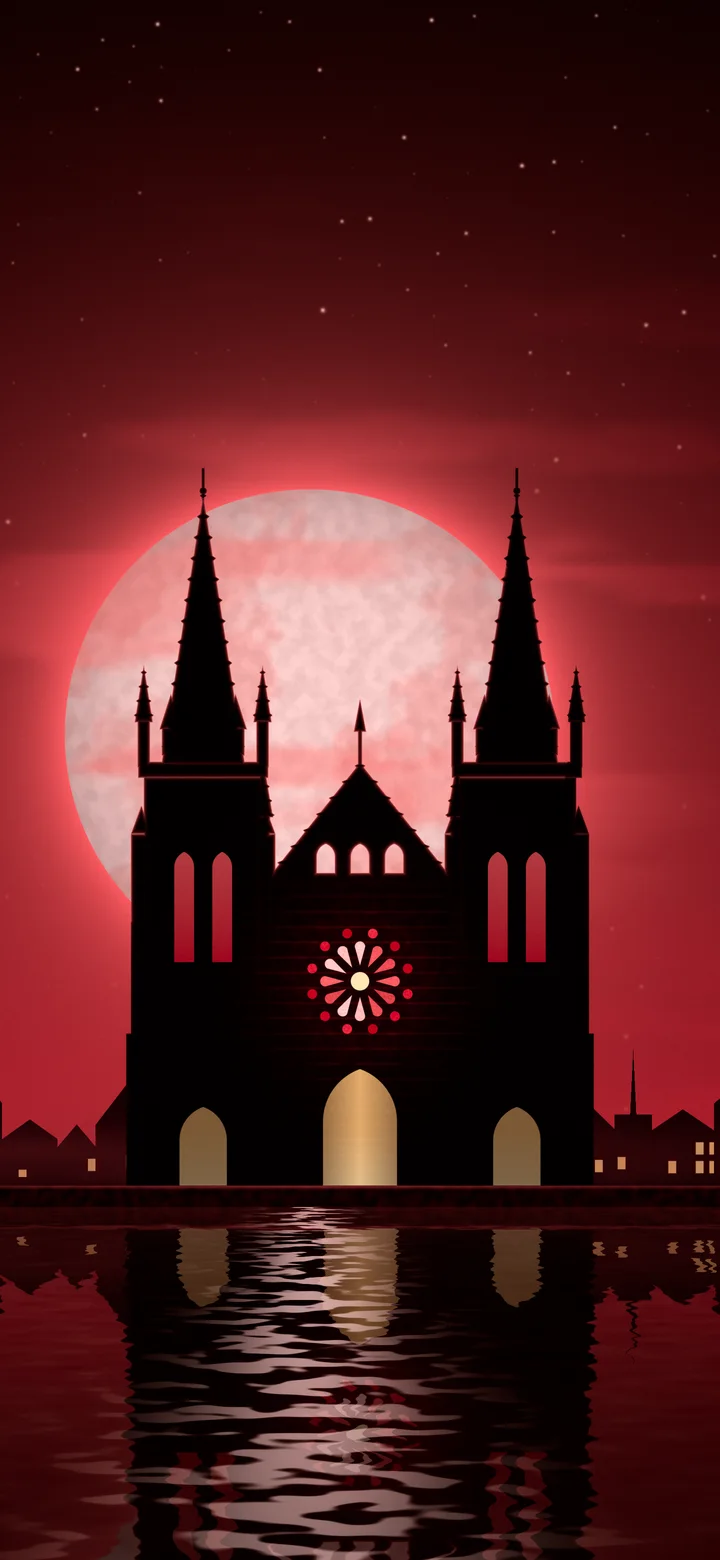 Red Gothic Cathedral and Full Moon wallpaper for iPhone and Android