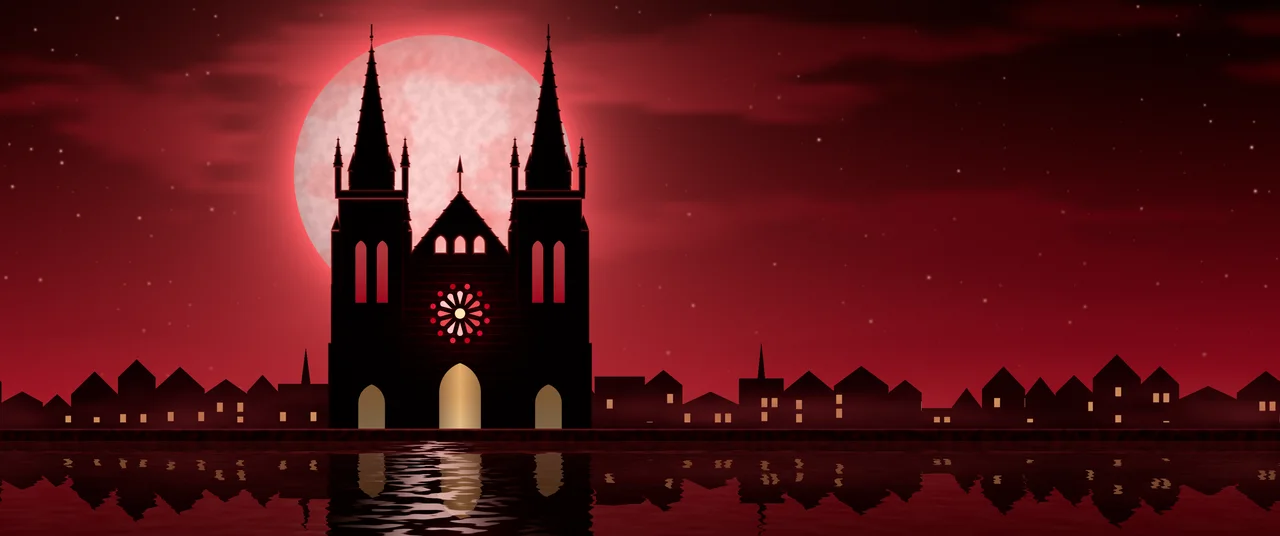 Red Gothic Cathedral and Full Moon ultrawide wallpaper, 3440 × 1440