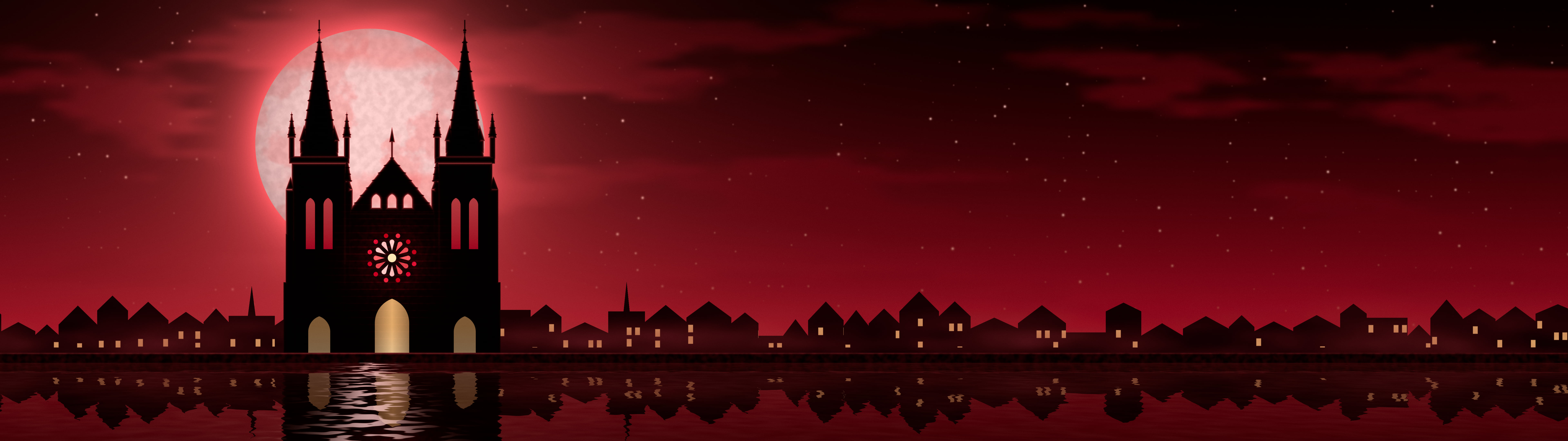 Red Gothic Cathedral and Full Moon dual monitor wallpaper, 7680 × 2160