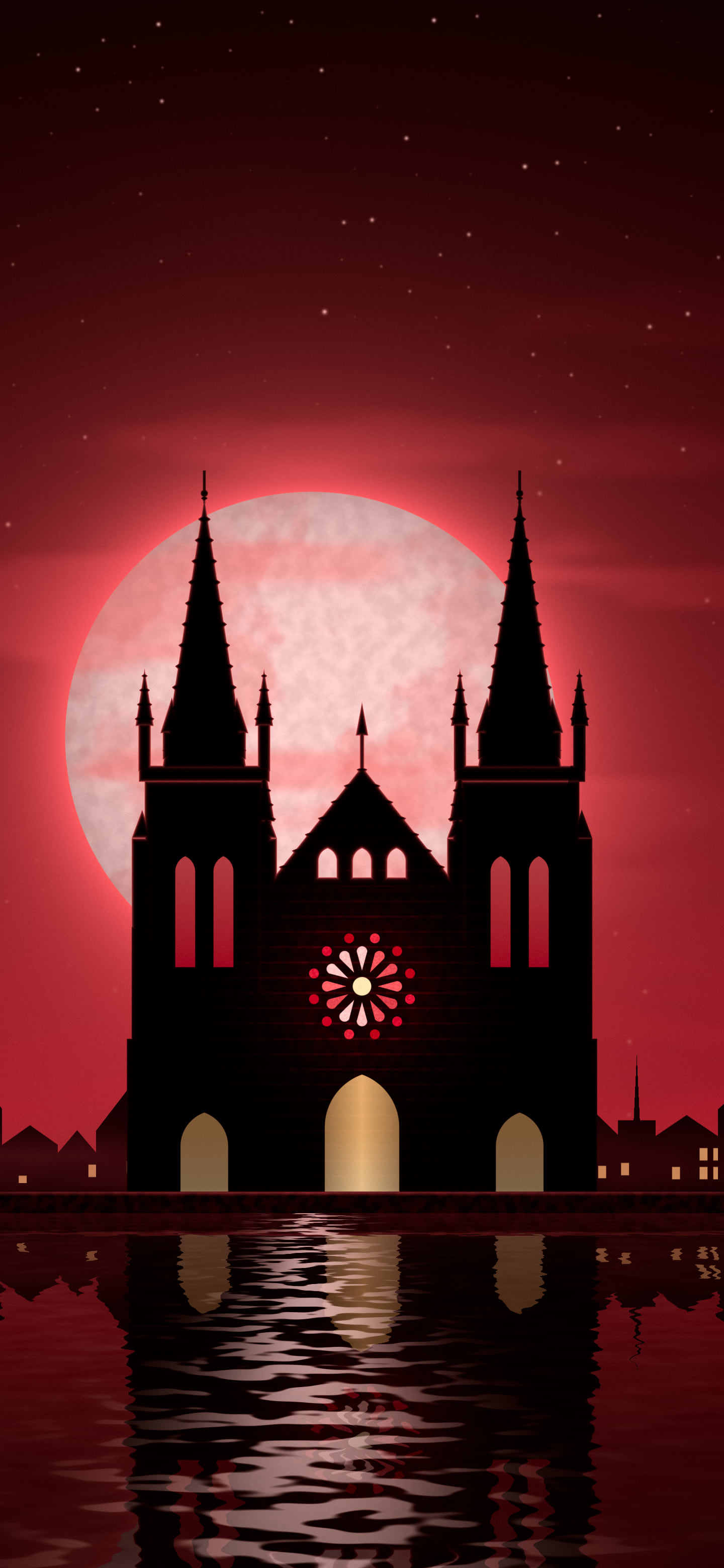 Red Gothic Cathedral and Full Moon wallpaper for iPhone and Android