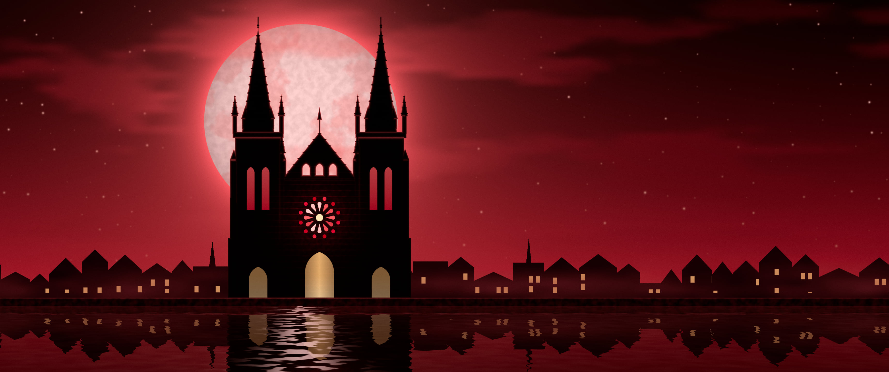 Red Gothic Cathedral and Full Moon ultrawide wallpaper, 3440 × 1440