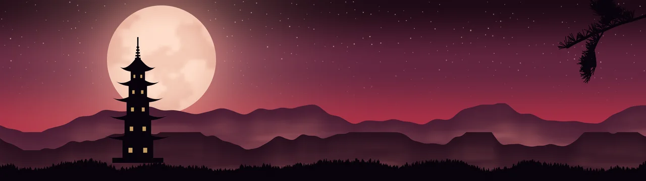 Red Japanese Pagoda and Moon dual monitor wallpaper, 7680 × 2160