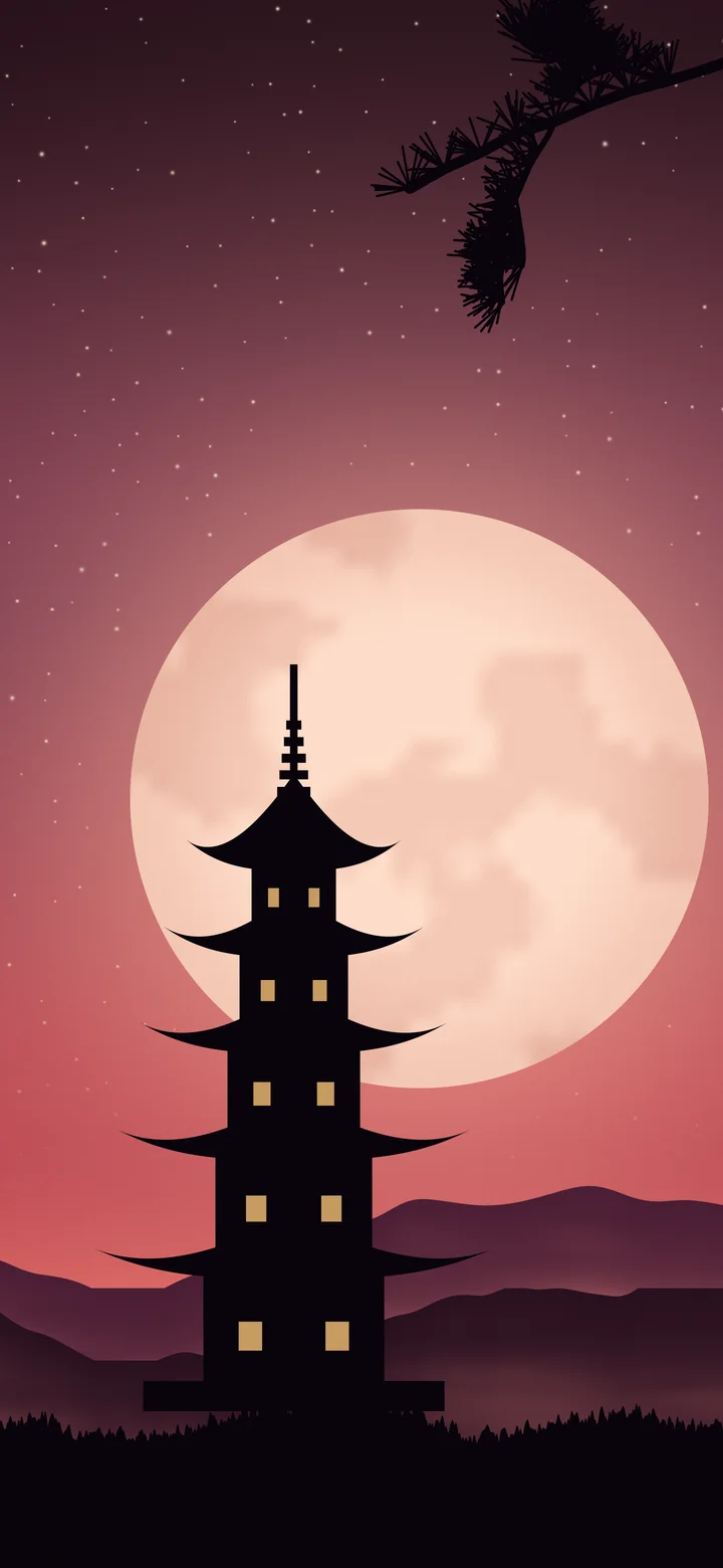 Red Japanese Pagoda and Moon wallpaper for iPhone and Android