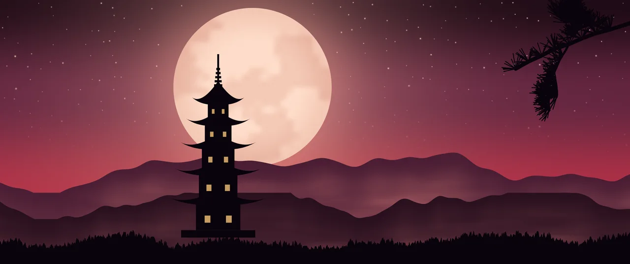 Red Japanese Pagoda and Moon ultrawide wallpaper, 3440 × 1440