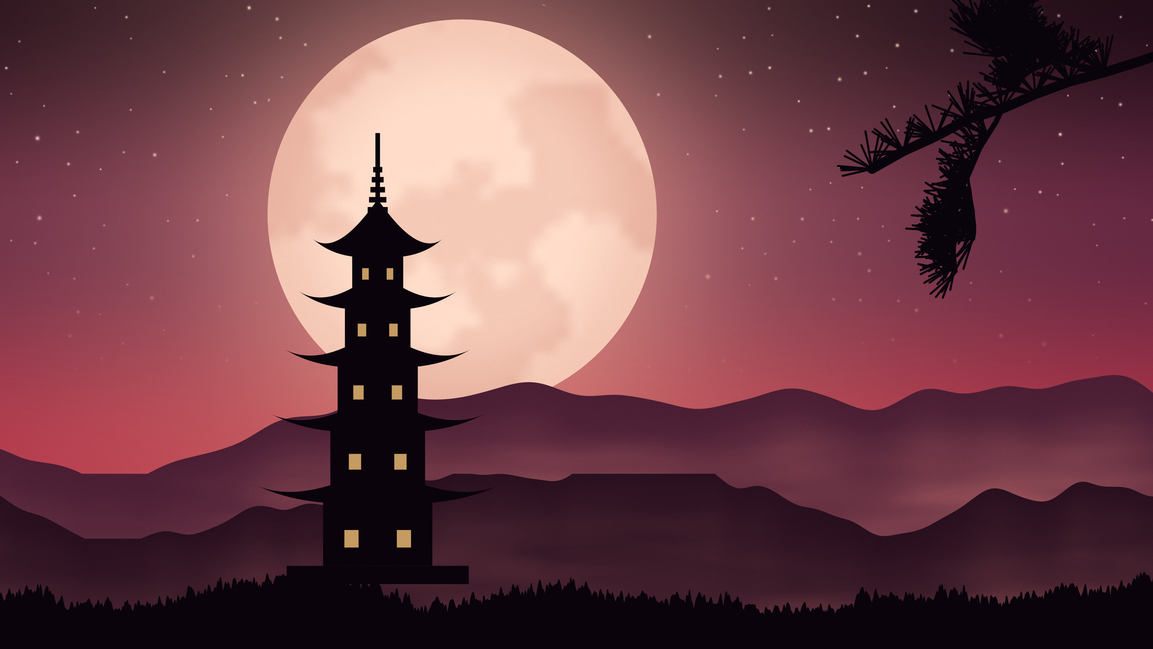 Red Japanese Pagoda and Moon desktop wallpaper in 4K