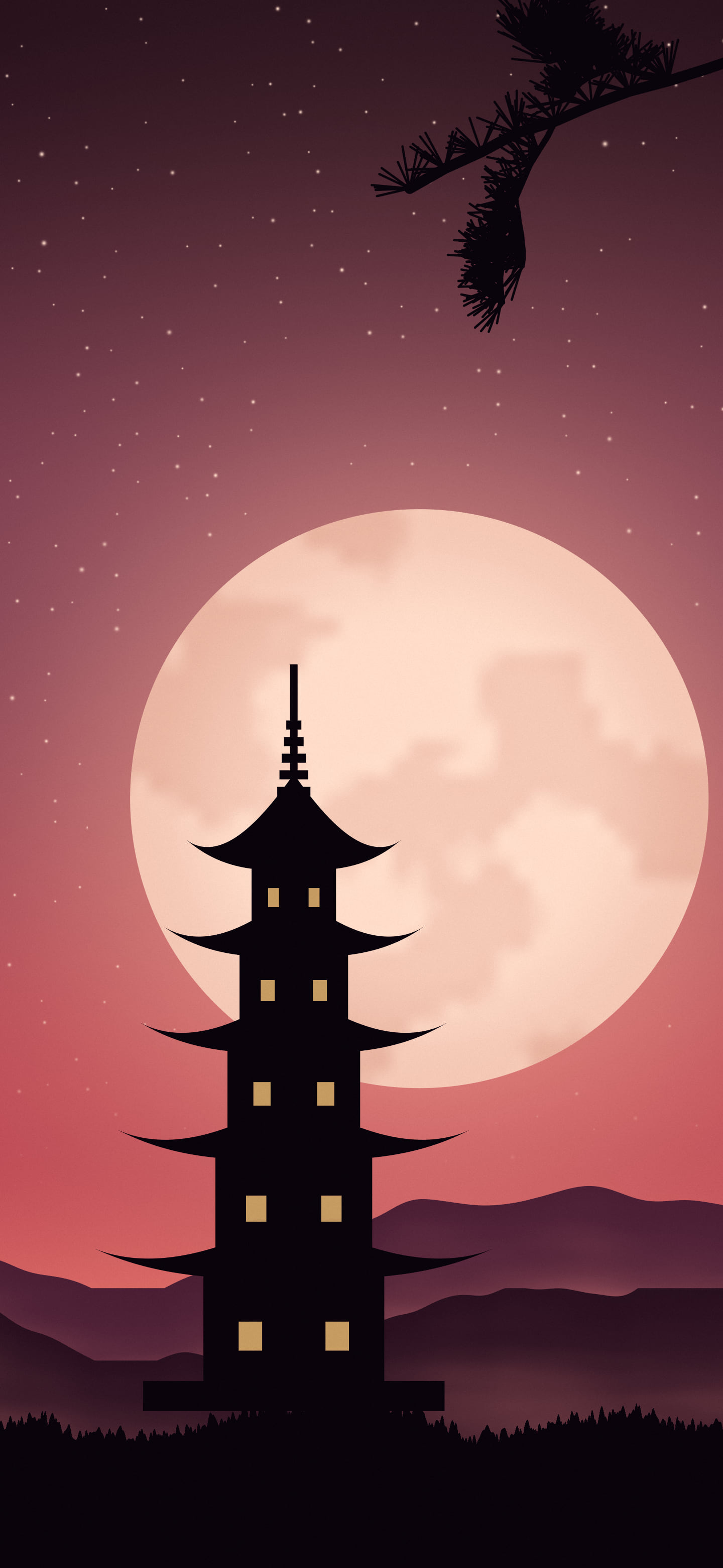Red Japanese Pagoda and Moon wallpaper for iPhone and Android