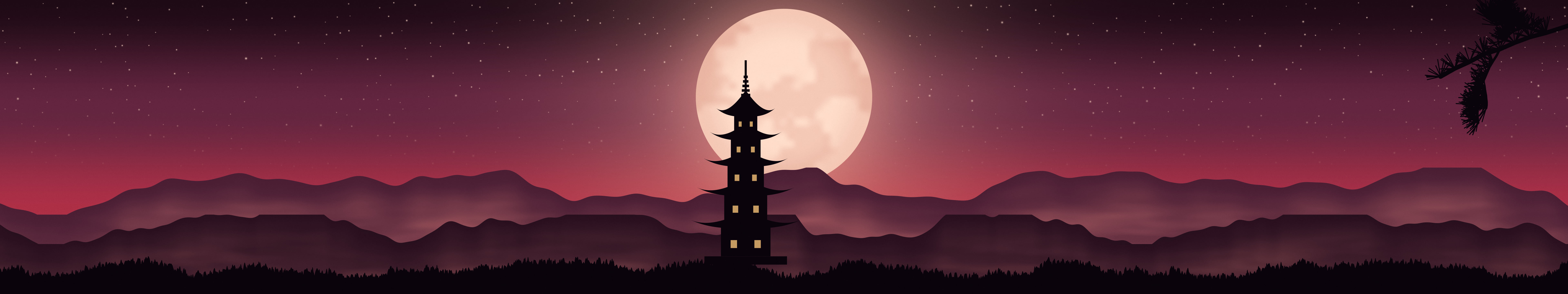 Red Japanese Pagoda and Moon triple monitor wallpaper, 7680 × 1440
