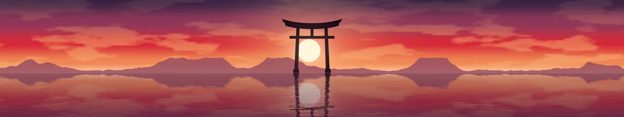 Red Japanese Torii Gate Sunset triple monitor wallpaper, 7680 × 1440