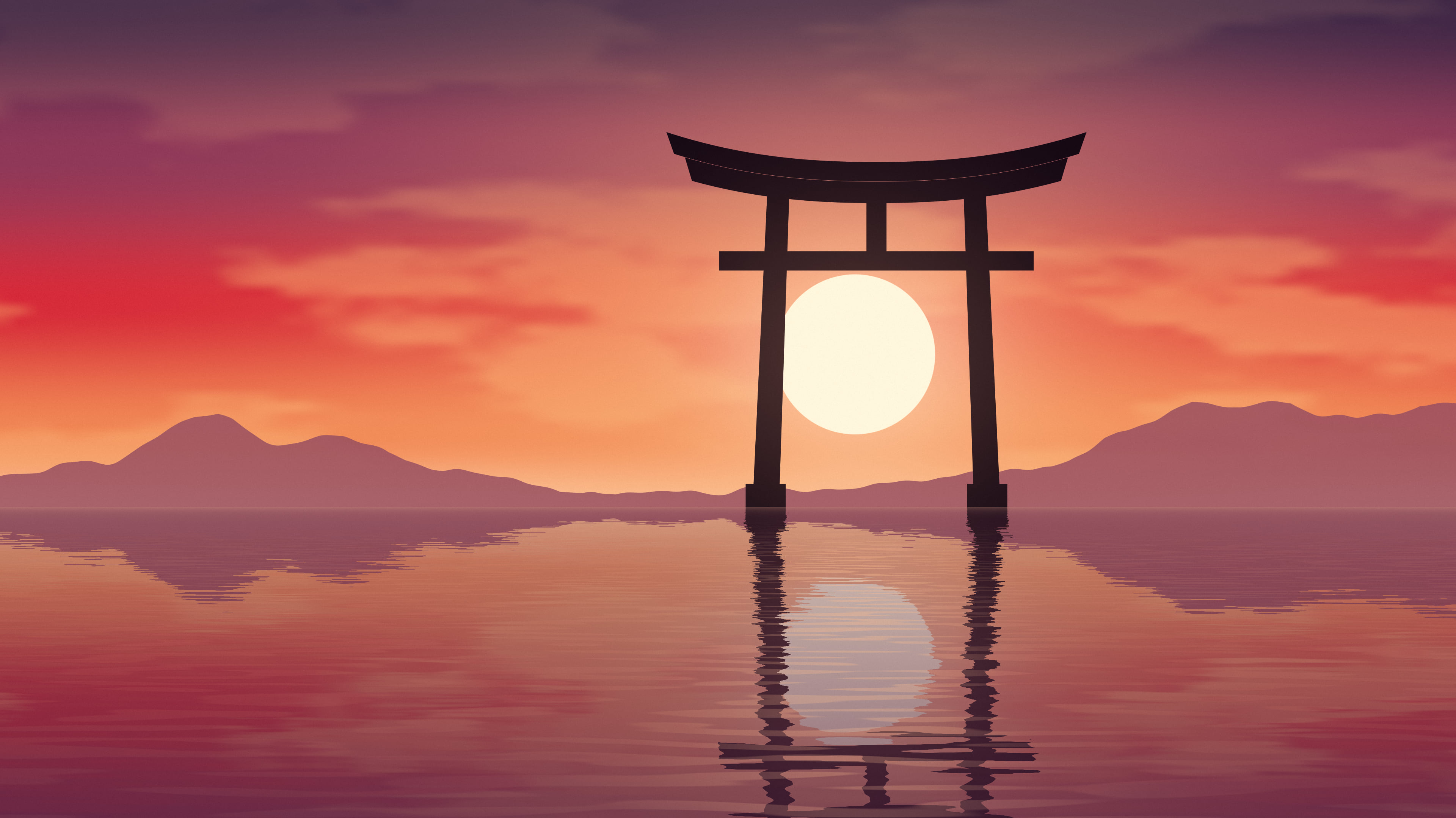 Red Japanese Torii Gate Sunset desktop wallpaper in 4K