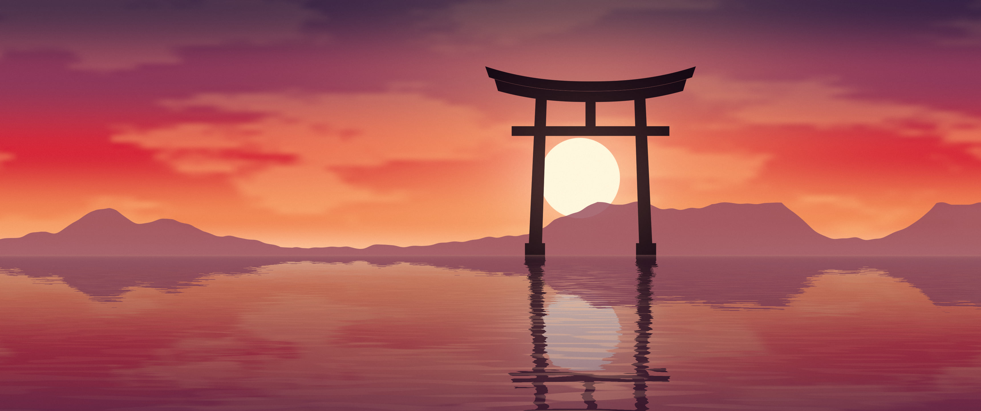 Red Japanese Torii Gate Sunset ultrawide wallpaper, 3440 × 1440