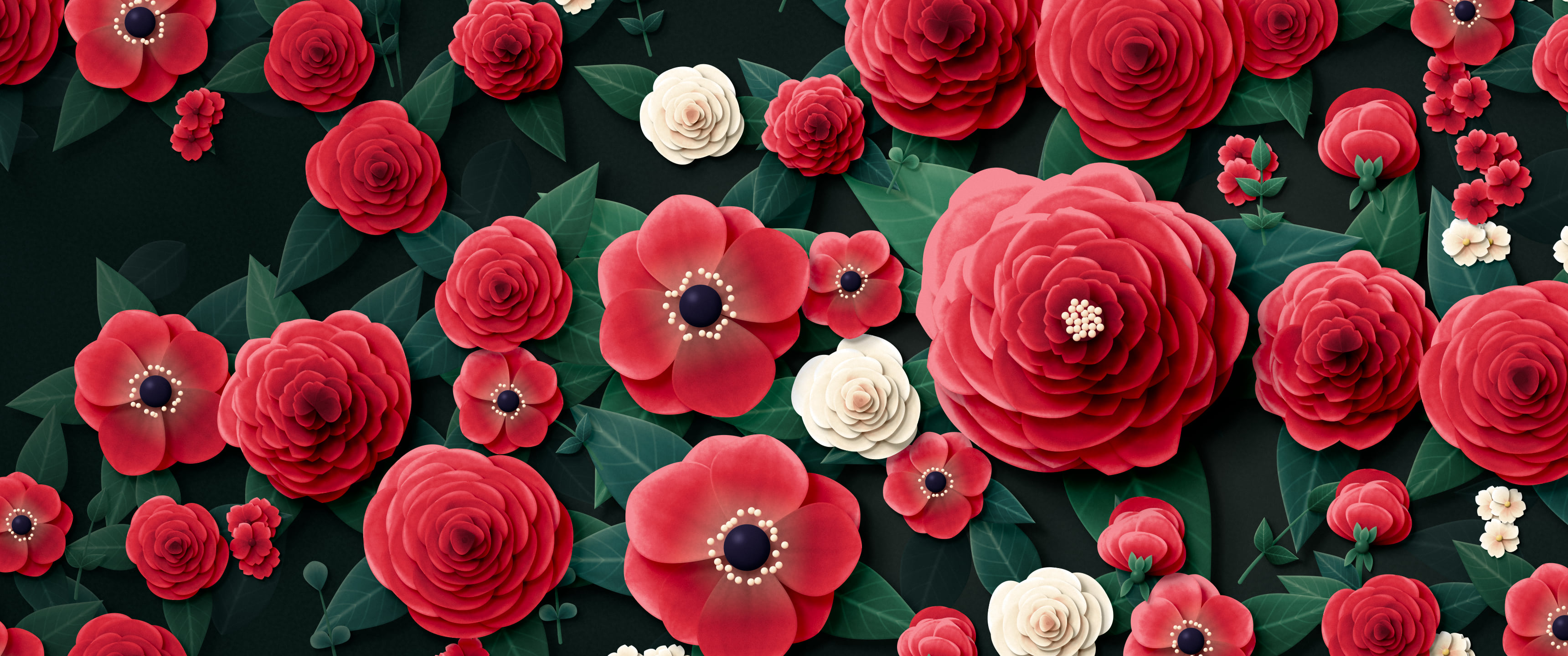 Red Paper Flower Garden ultrawide wallpaper, 3440 × 1440