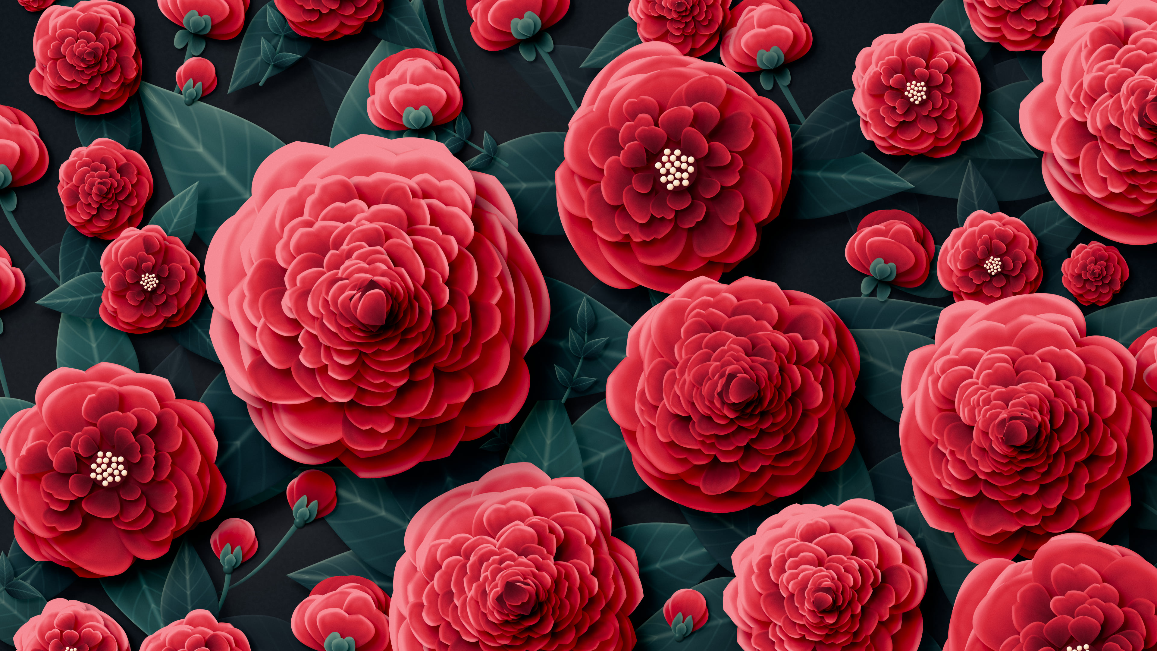 Red Paper Peonies desktop wallpaper in 4K