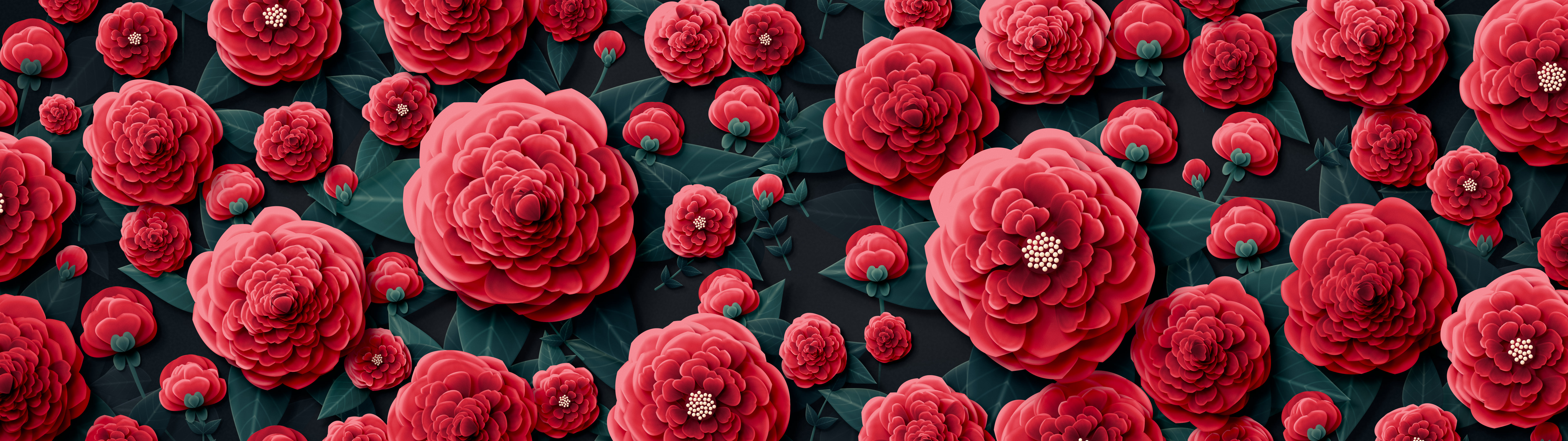 Red Paper Peonies dual monitor wallpaper, 7680 × 2160