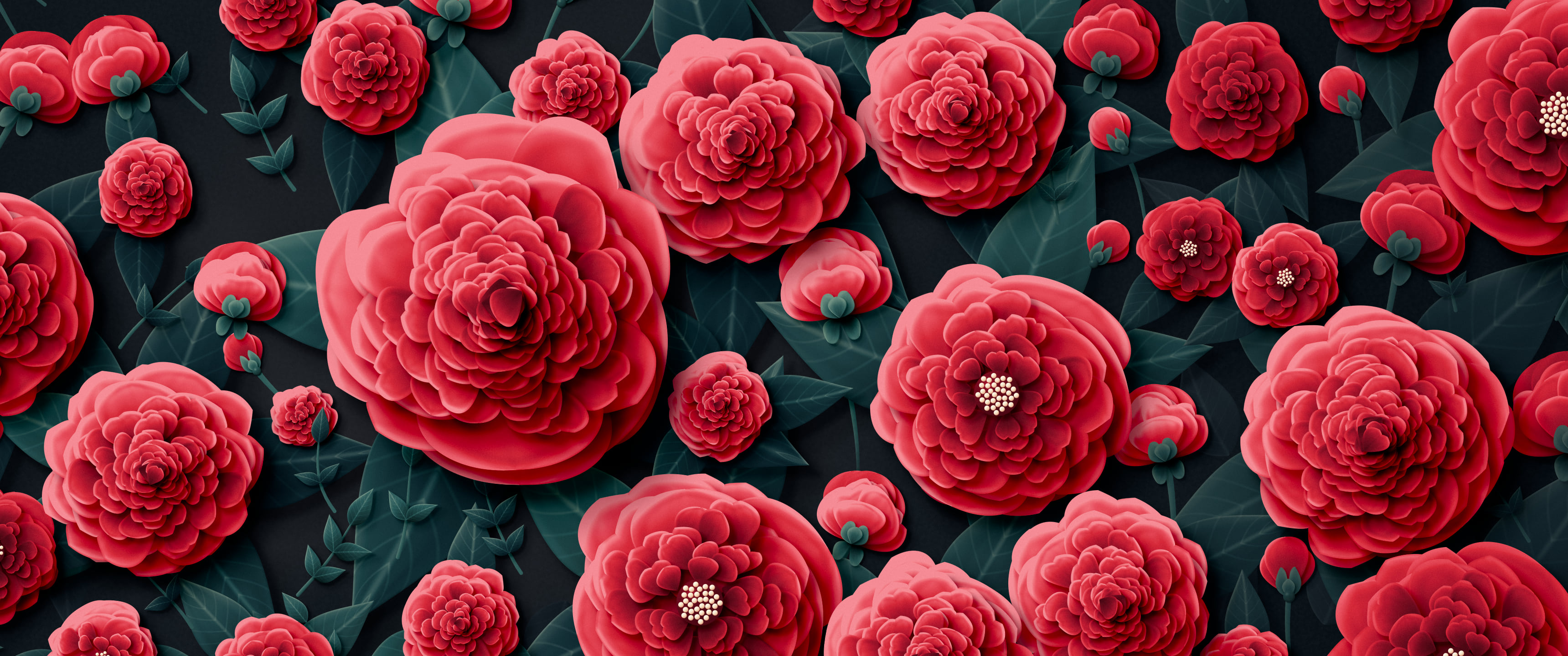 Red Paper Peonies ultrawide wallpaper, 3440 × 1440