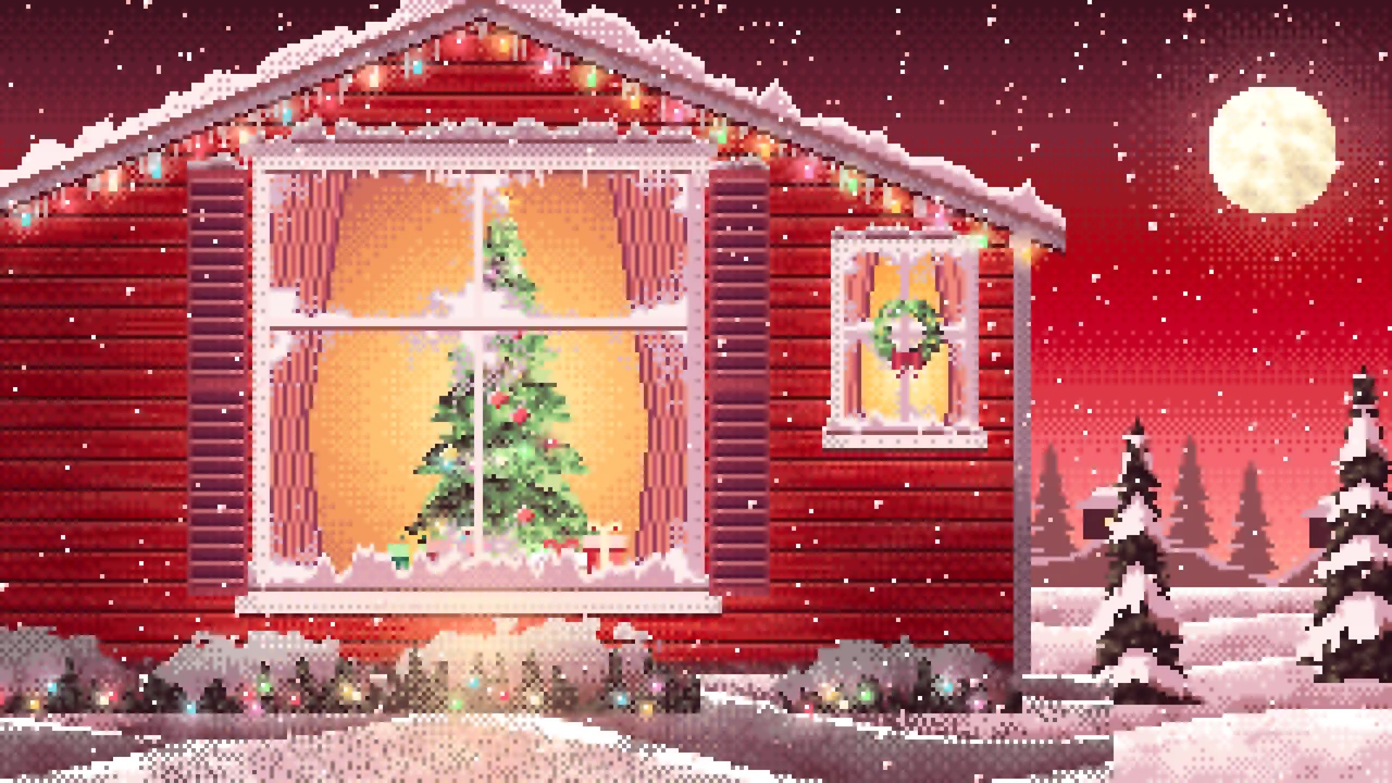 Red Pixel Art Christmas Tree Through a Frosted Window desktop wallpaper in 4K