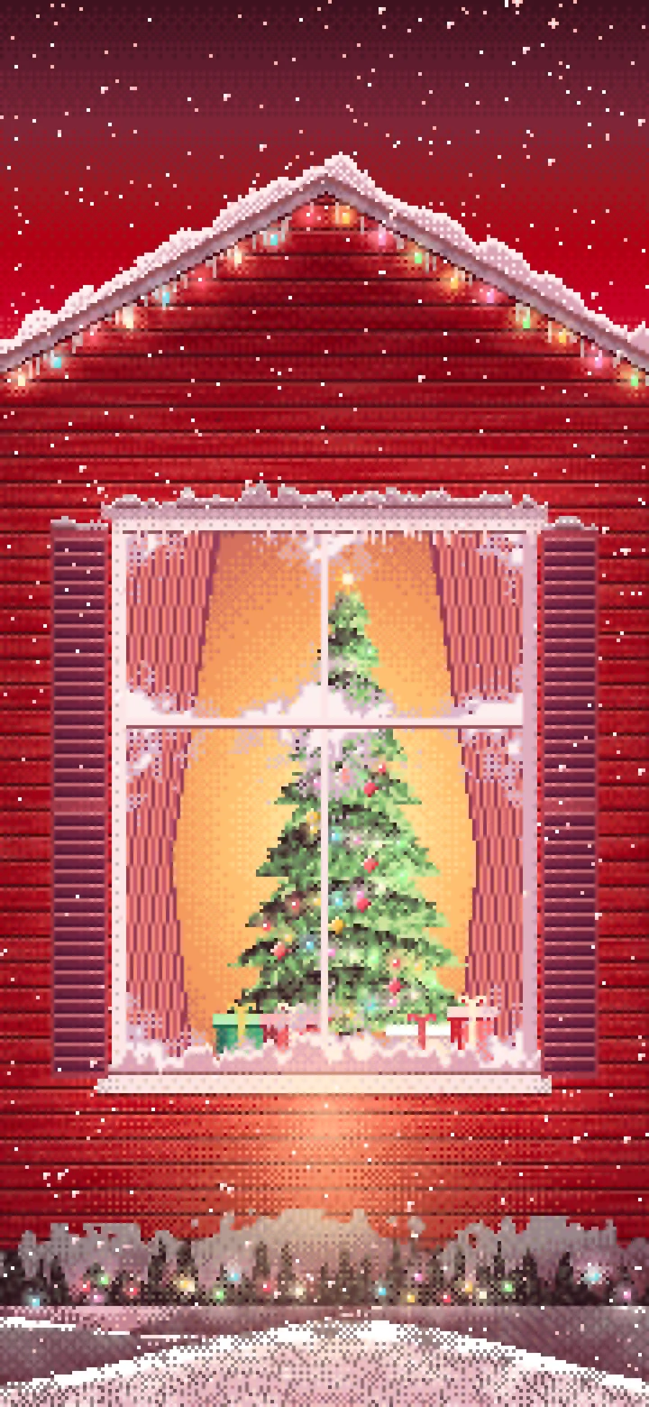 Red Pixel Art Christmas Tree Through a Frosted Window wallpaper for iPhone and Android