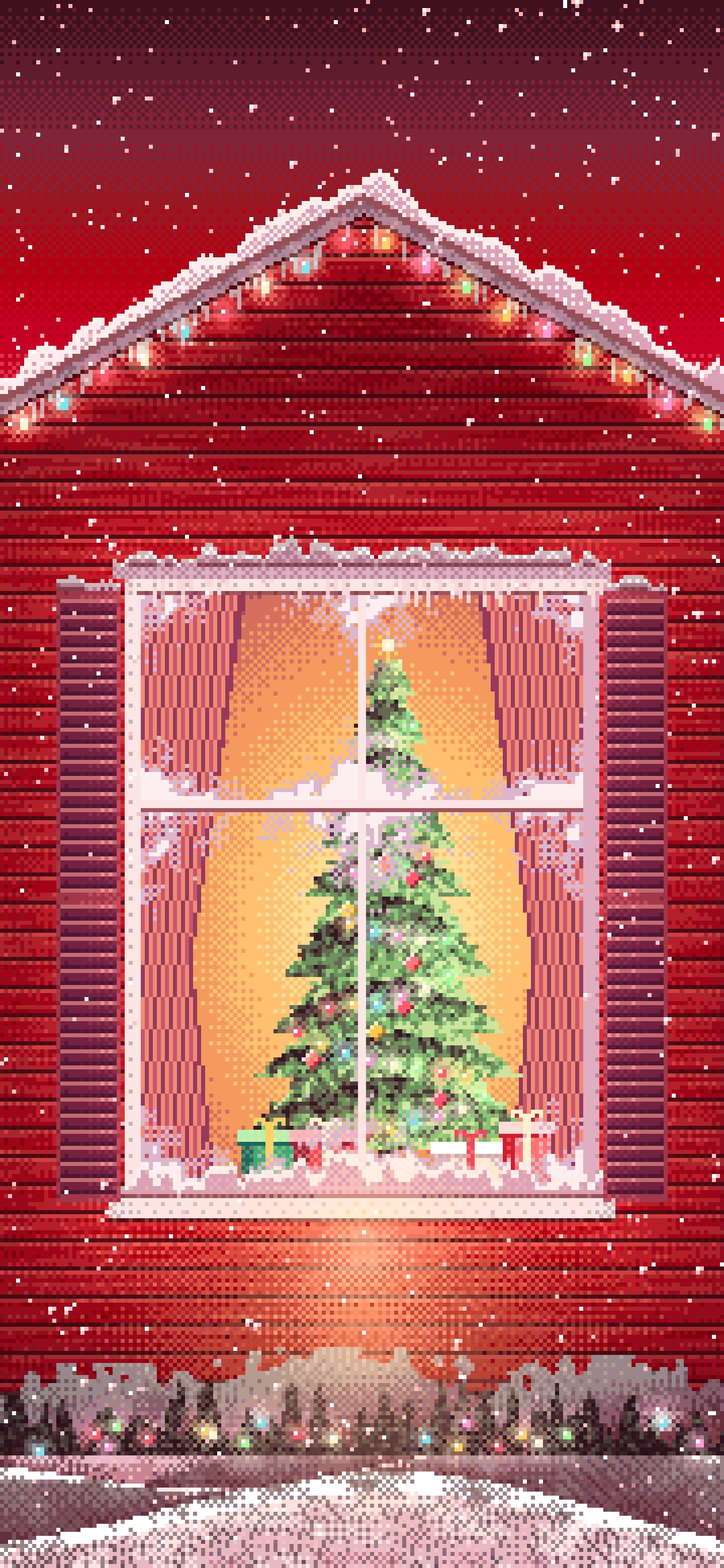 Red Pixel Art Christmas Tree Through a Frosted Window wallpaper for iPhone and Android