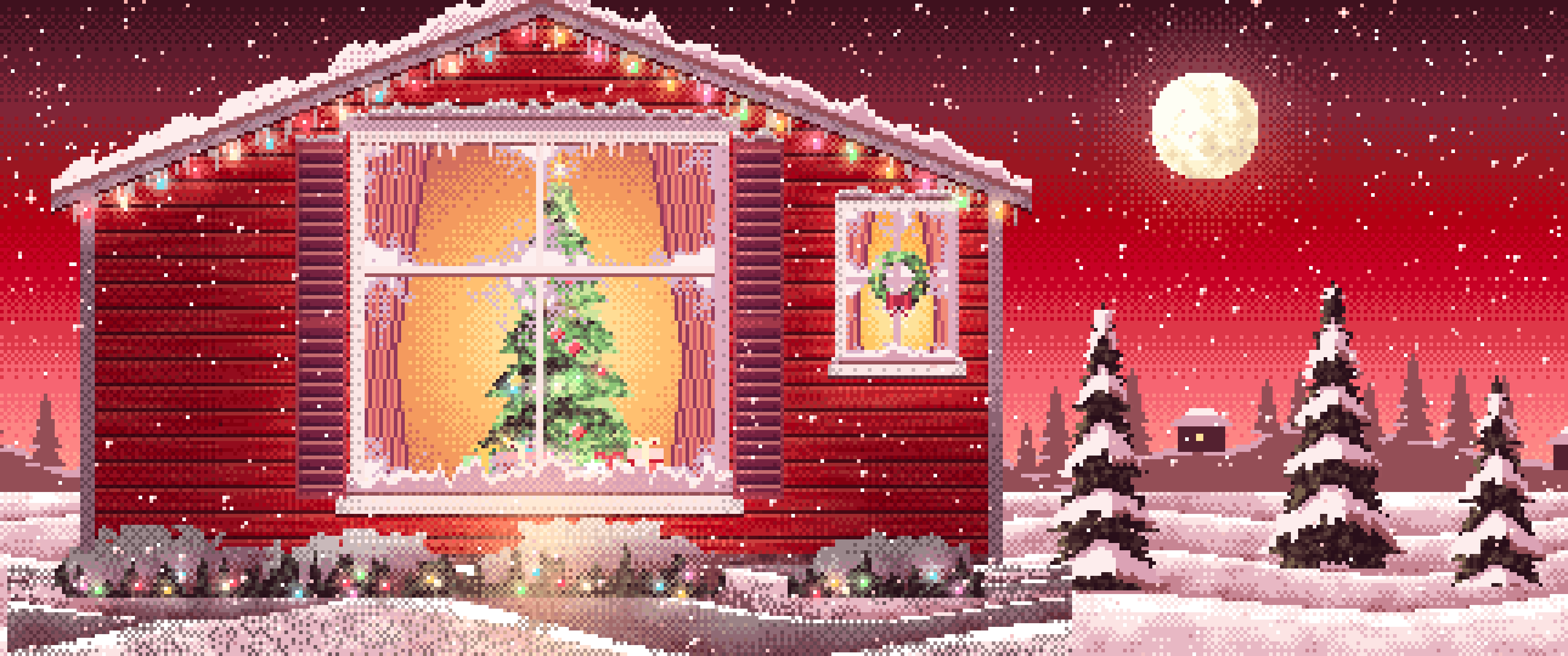 Red Pixel Art Christmas Tree Through a Frosted Window ultrawide wallpaper, 3440 × 1440