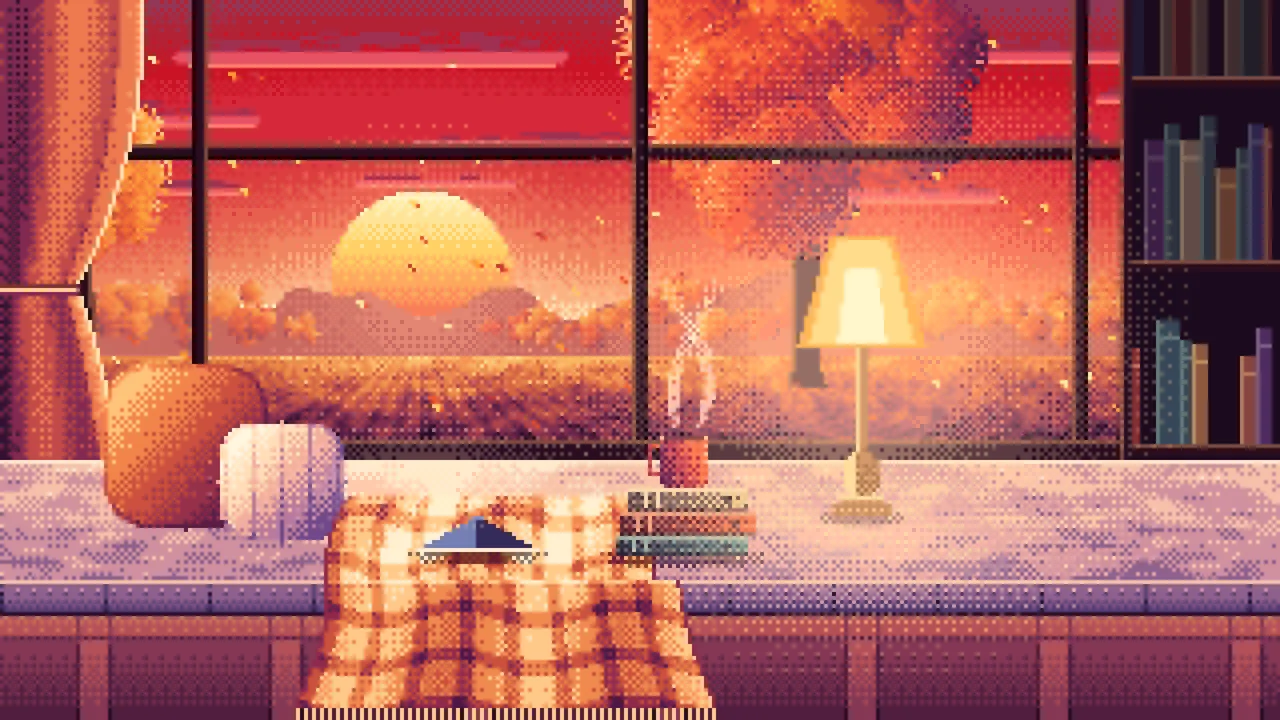 Red Pixel Art Cozy Fall Reading Nook at Sunset desktop wallpaper in 4K