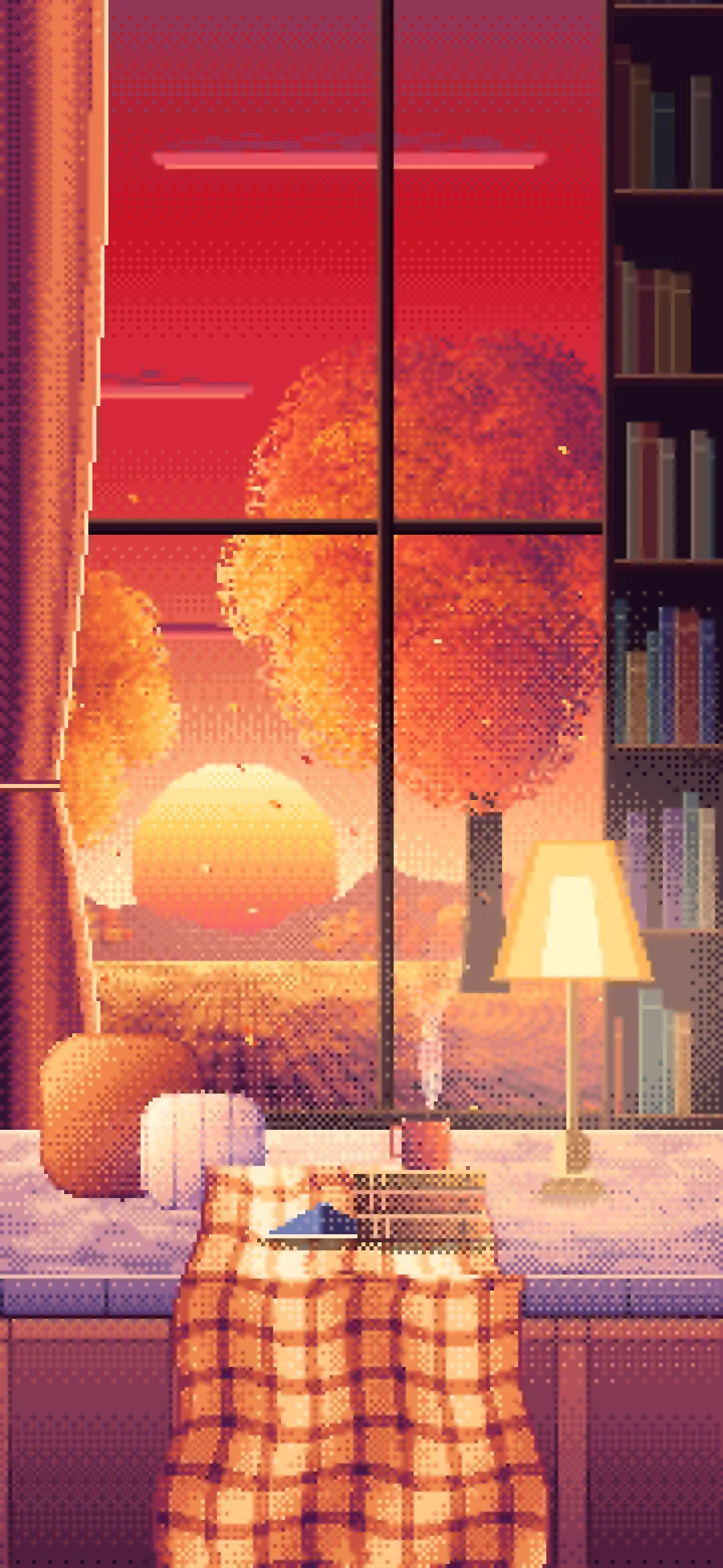 Red Pixel Art Cozy Fall Reading Nook at Sunset wallpaper for iPhone and Android