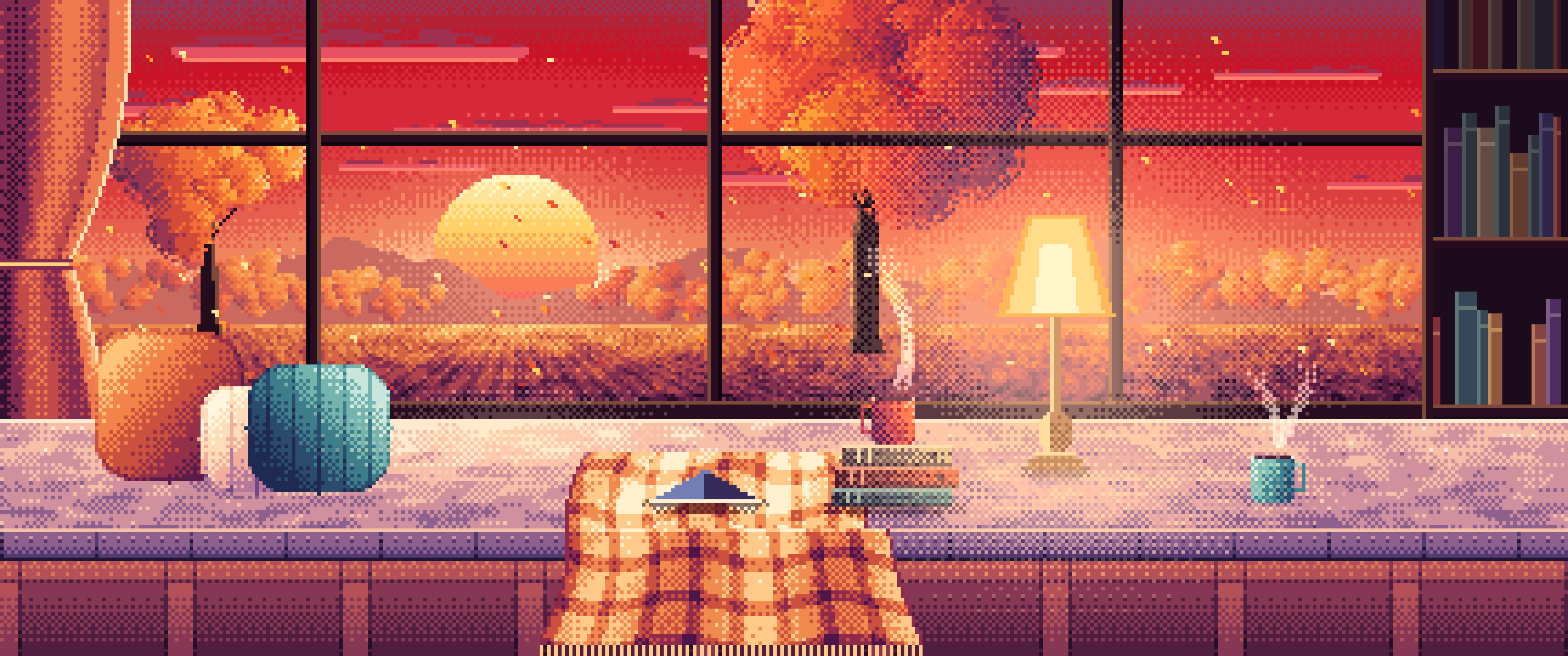 Red Pixel Art Cozy Fall Reading Nook at Sunset ultrawide wallpaper, 3440 × 1440