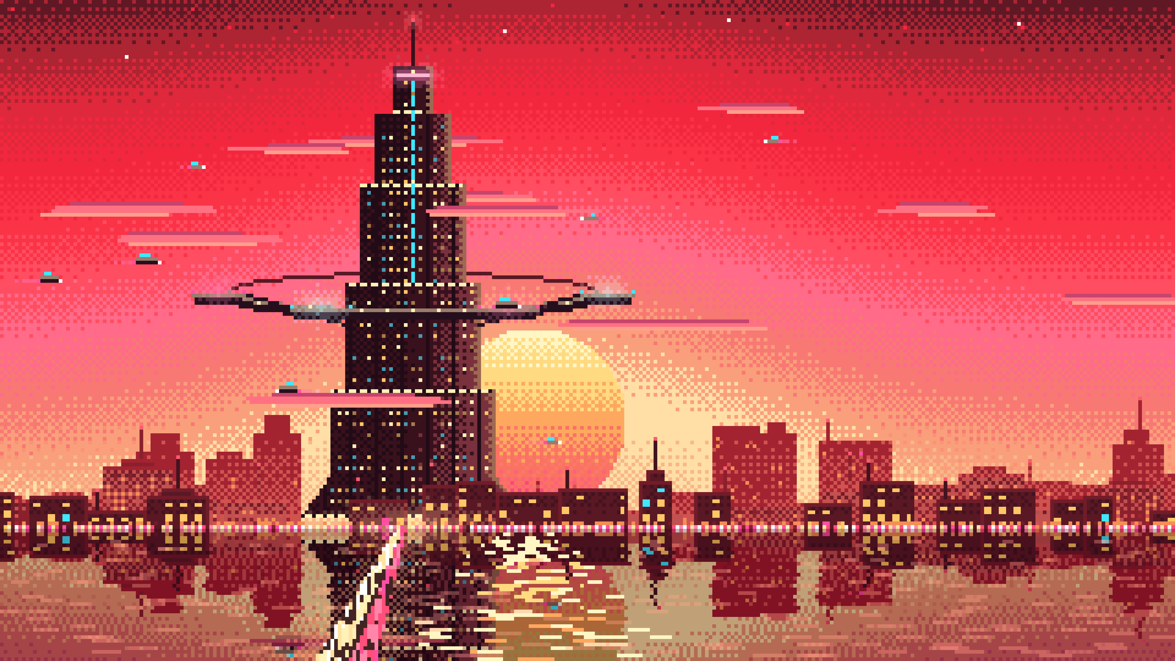 Red Pixel Art Cyberpunk Megatower at Dusk desktop wallpaper in 4K