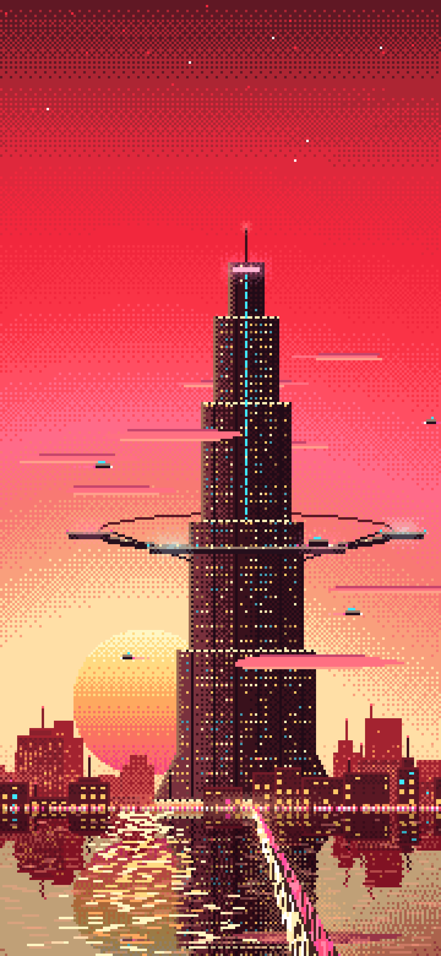Red Pixel Art Cyberpunk Megatower at Dusk wallpaper for iPhone and Android