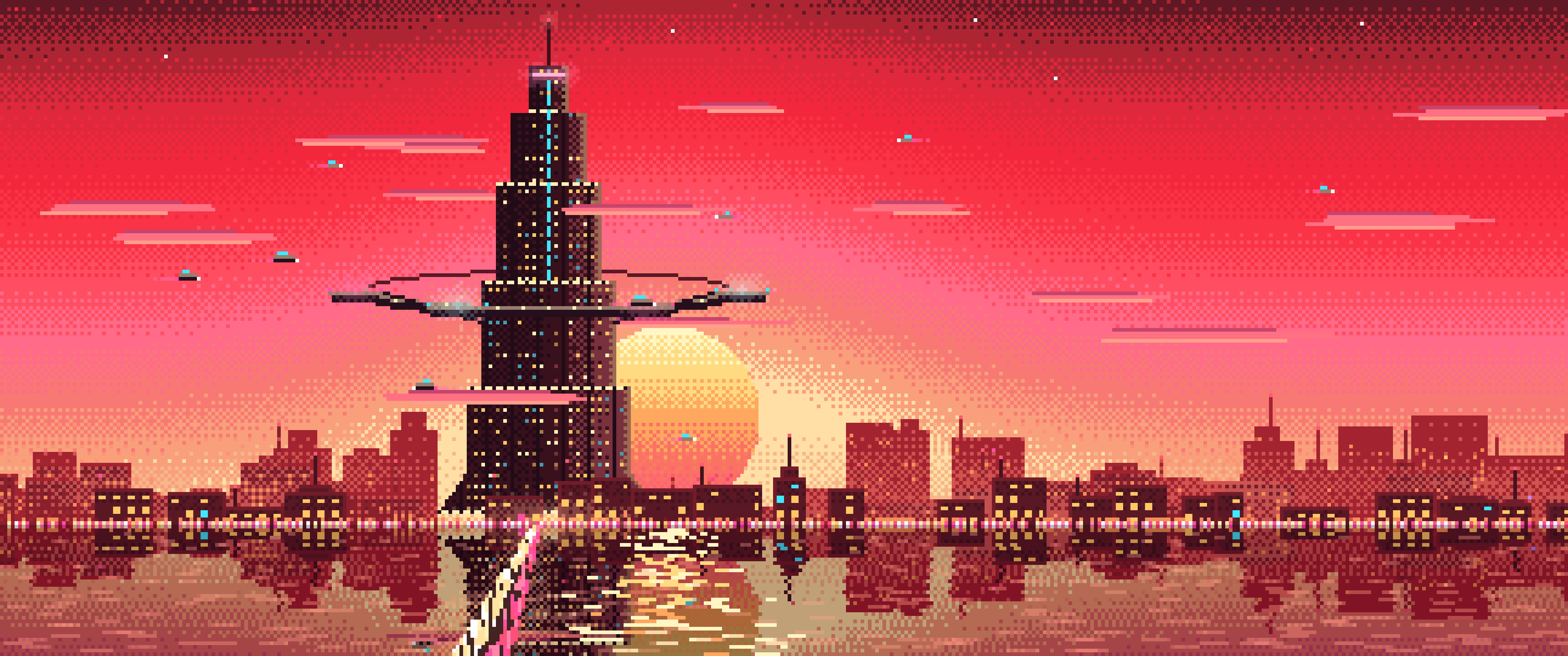 Red Pixel Art Cyberpunk Megatower at Dusk ultrawide wallpaper, 3440 × 1440