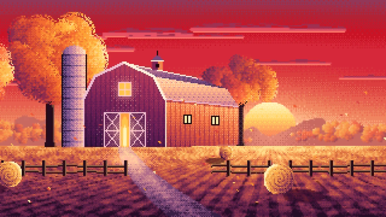 Red Pixel Art Fall Barn at Sunset desktop wallpaper in 4K