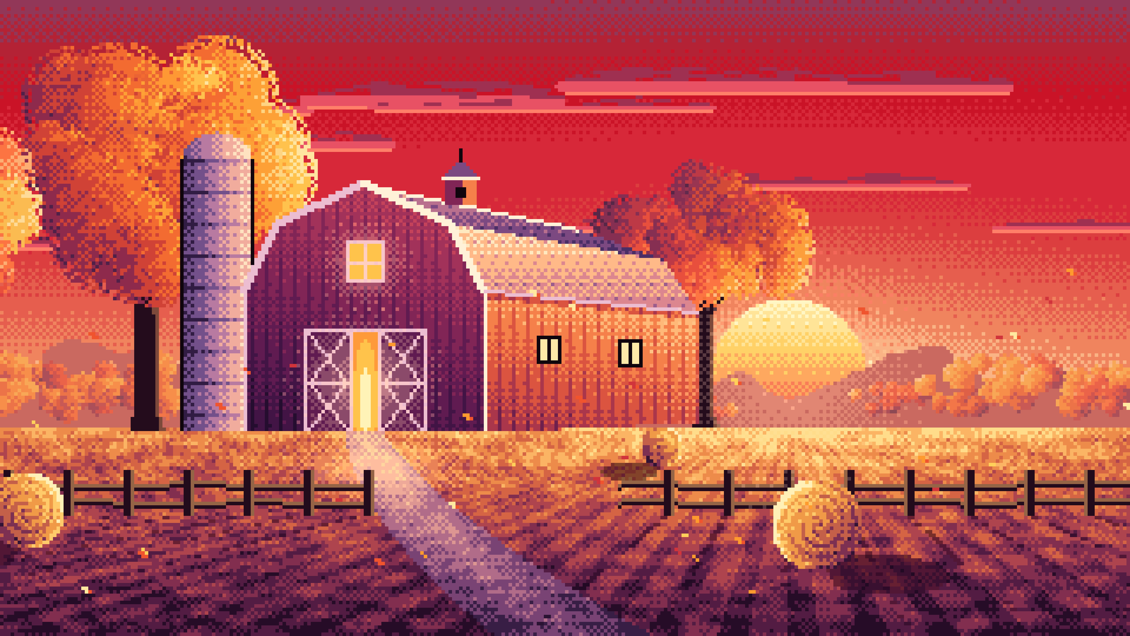 Red Pixel Art Fall Barn at Sunset desktop wallpaper in 4K