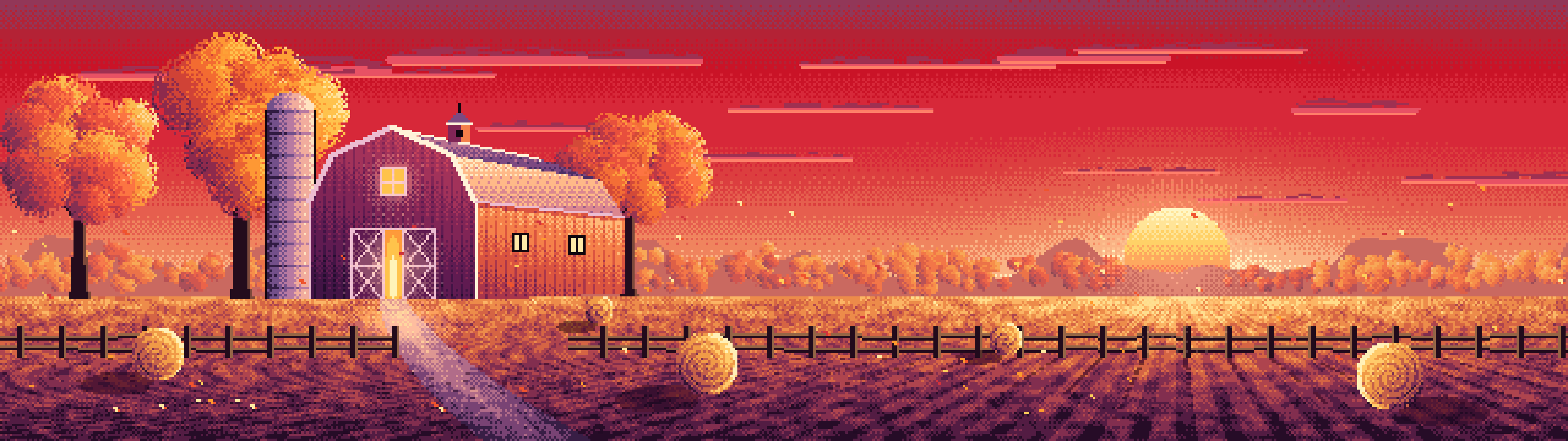 Red Pixel Art Fall Barn at Sunset dual monitor wallpaper, 7680 × 2160