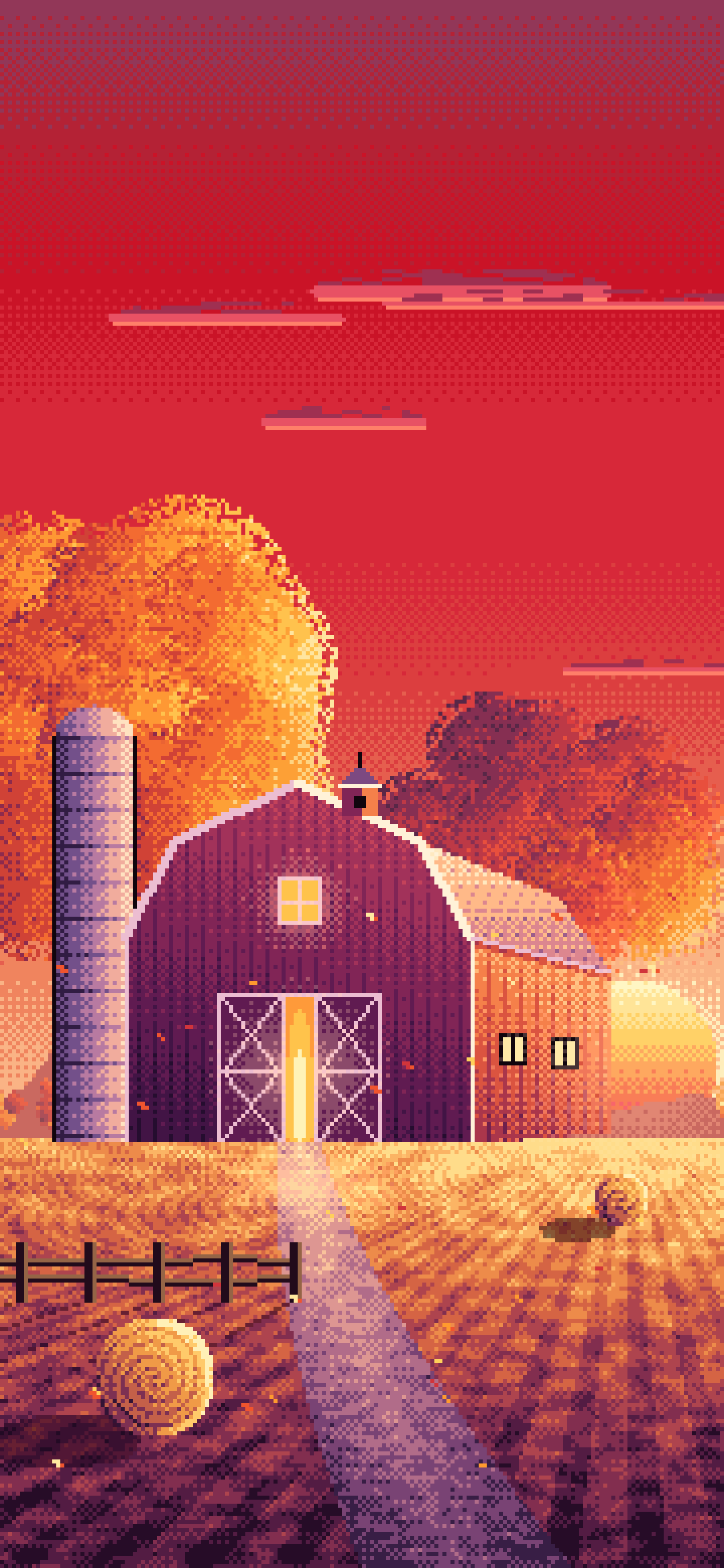 Red Pixel Art Fall Barn at Sunset wallpaper for iPhone and Android