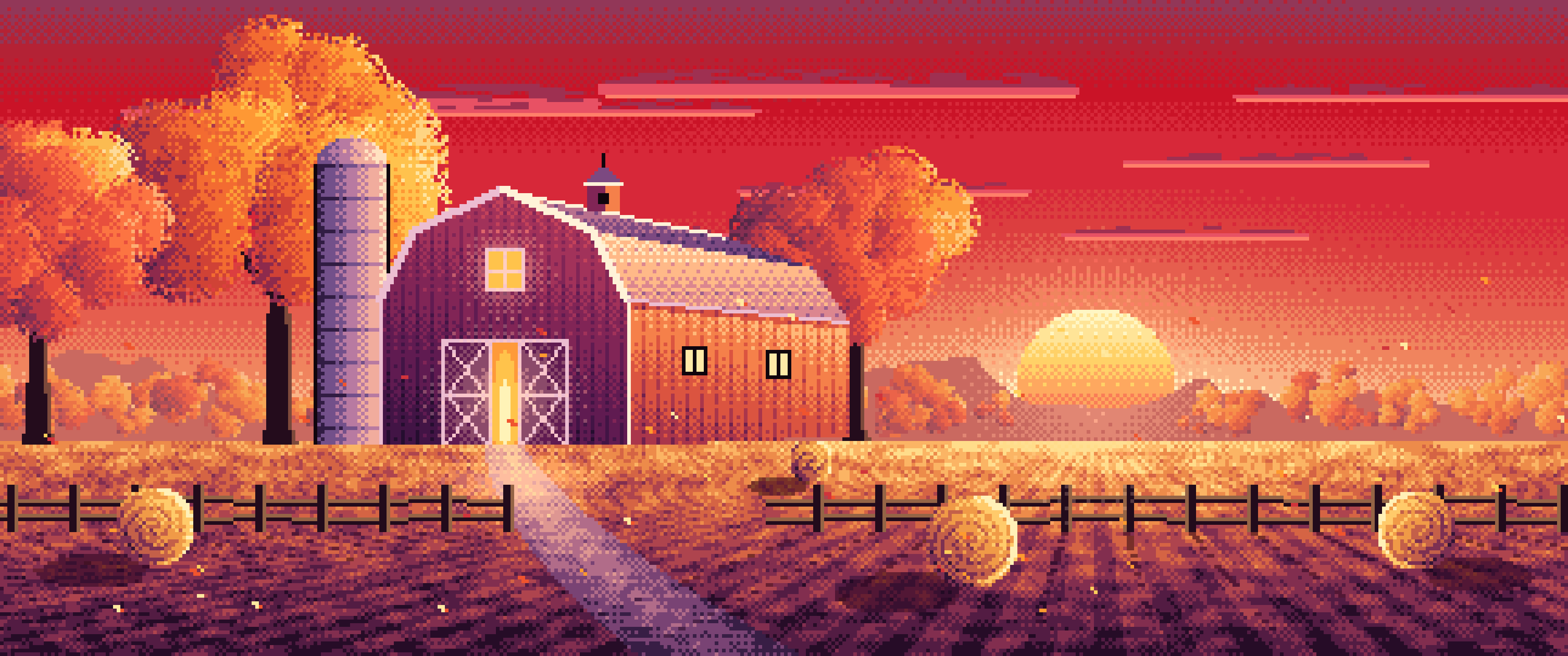 Red Pixel Art Fall Barn at Sunset ultrawide wallpaper, 3440 × 1440