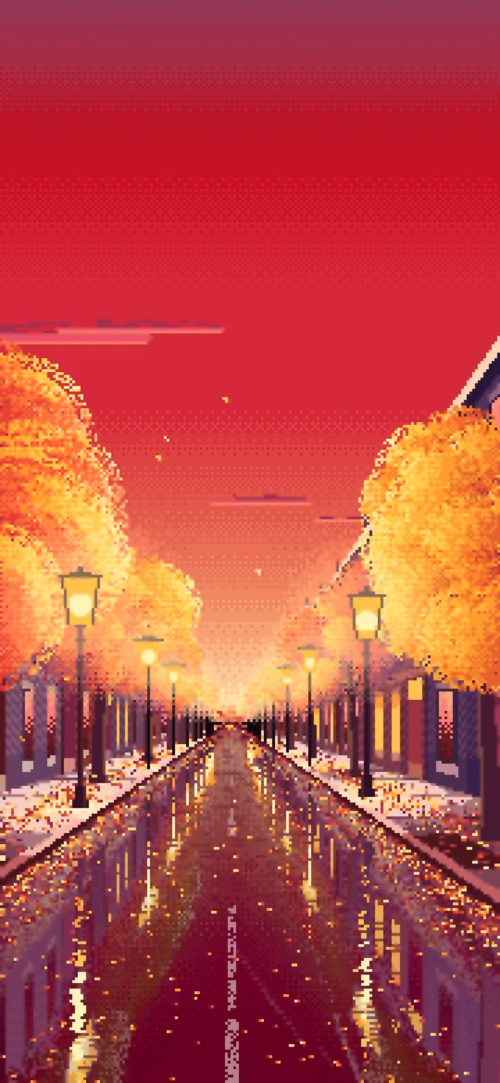 Red Pixel Art Fall City Street wallpaper for iPhone and Android