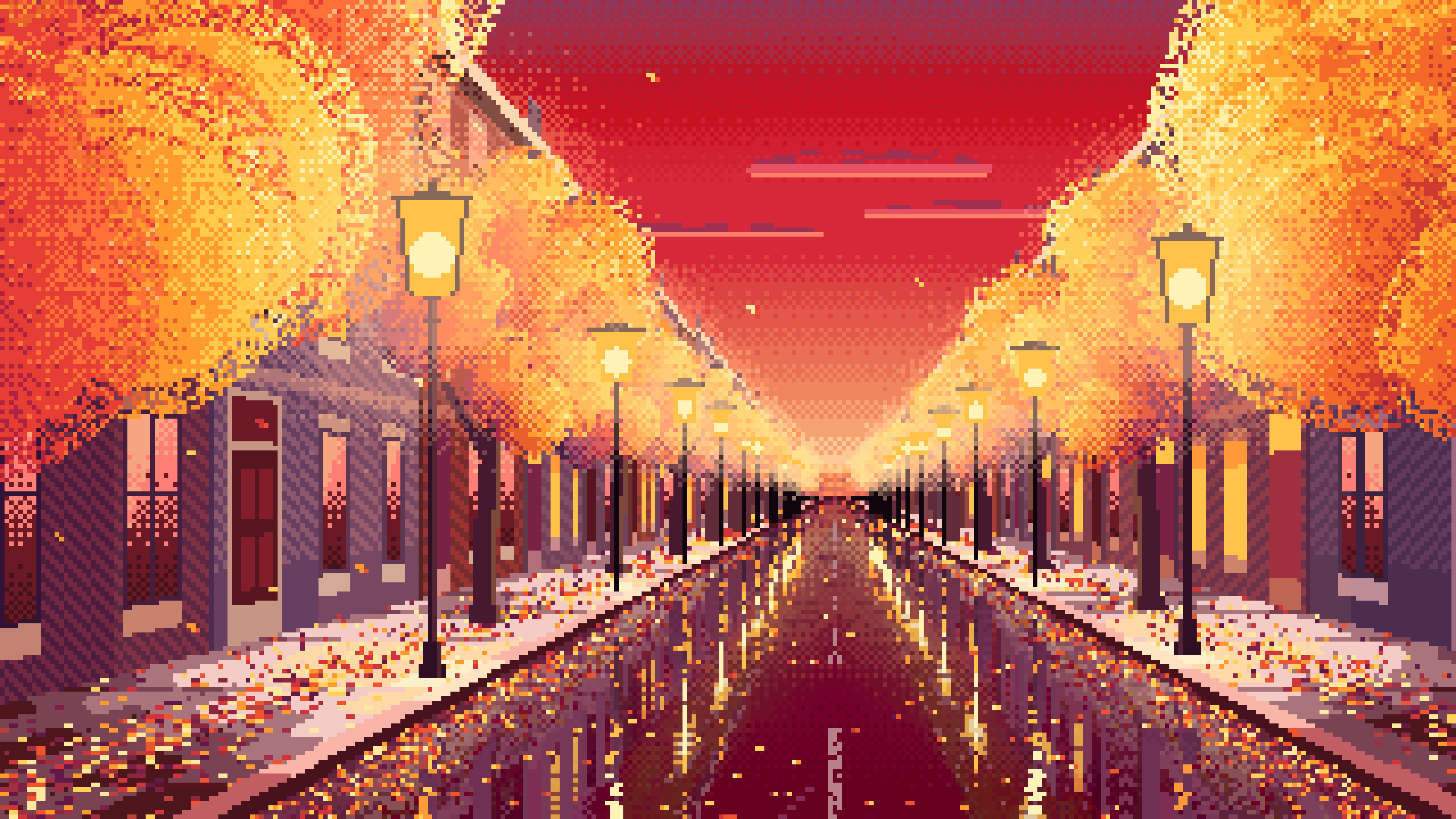 Red Pixel Art Fall City Street desktop wallpaper in 4K