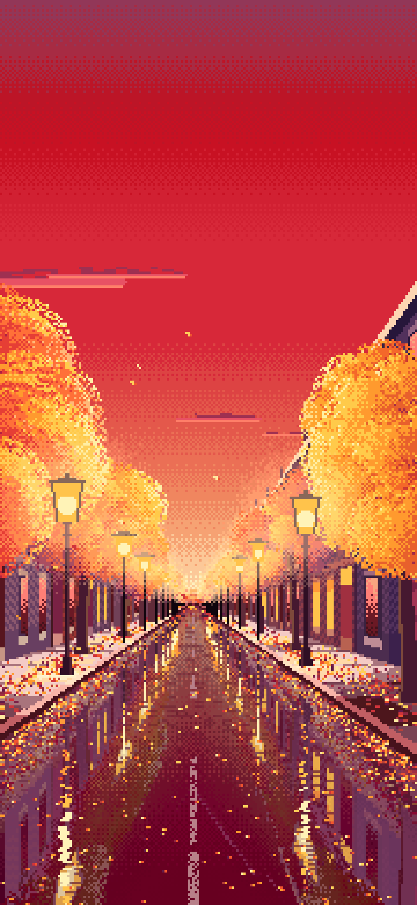 Red Pixel Art Fall City Street wallpaper for iPhone and Android