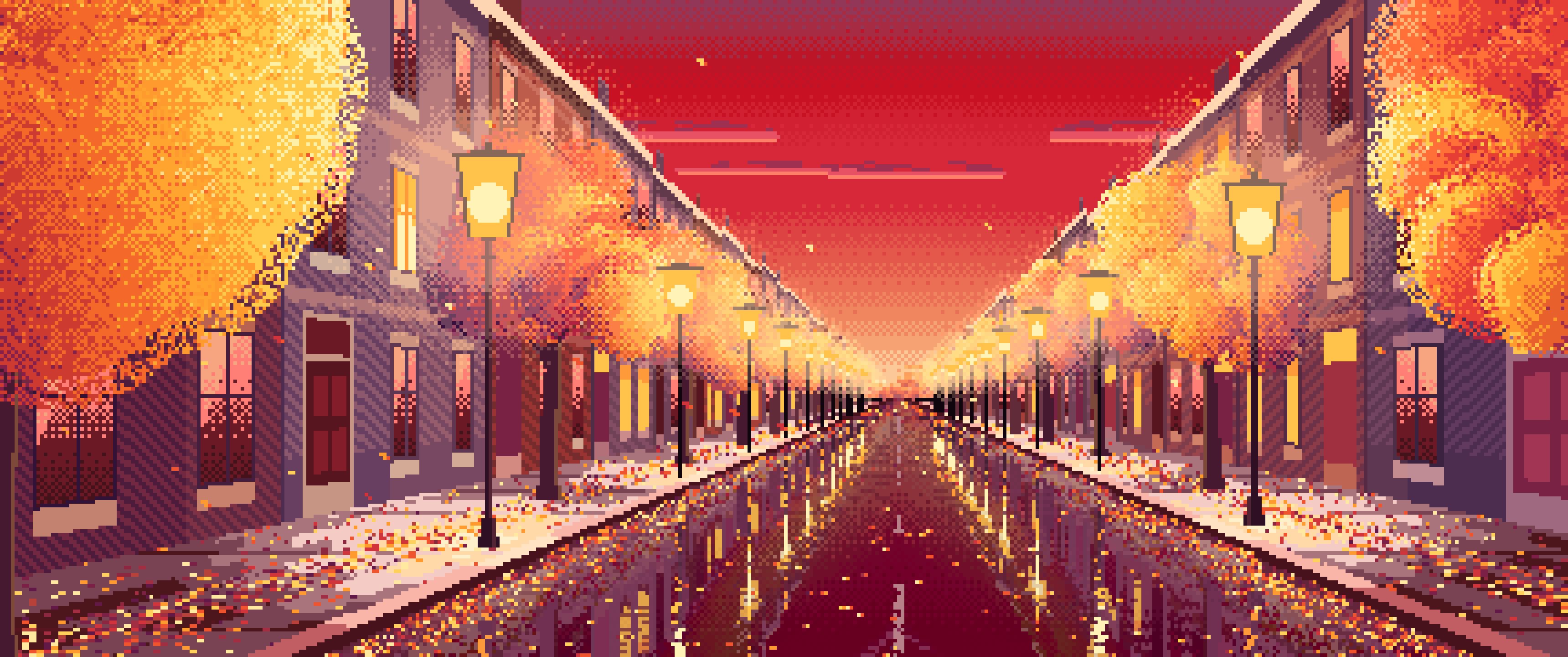 Red Pixel Art Fall City Street ultrawide wallpaper, 3440 × 1440