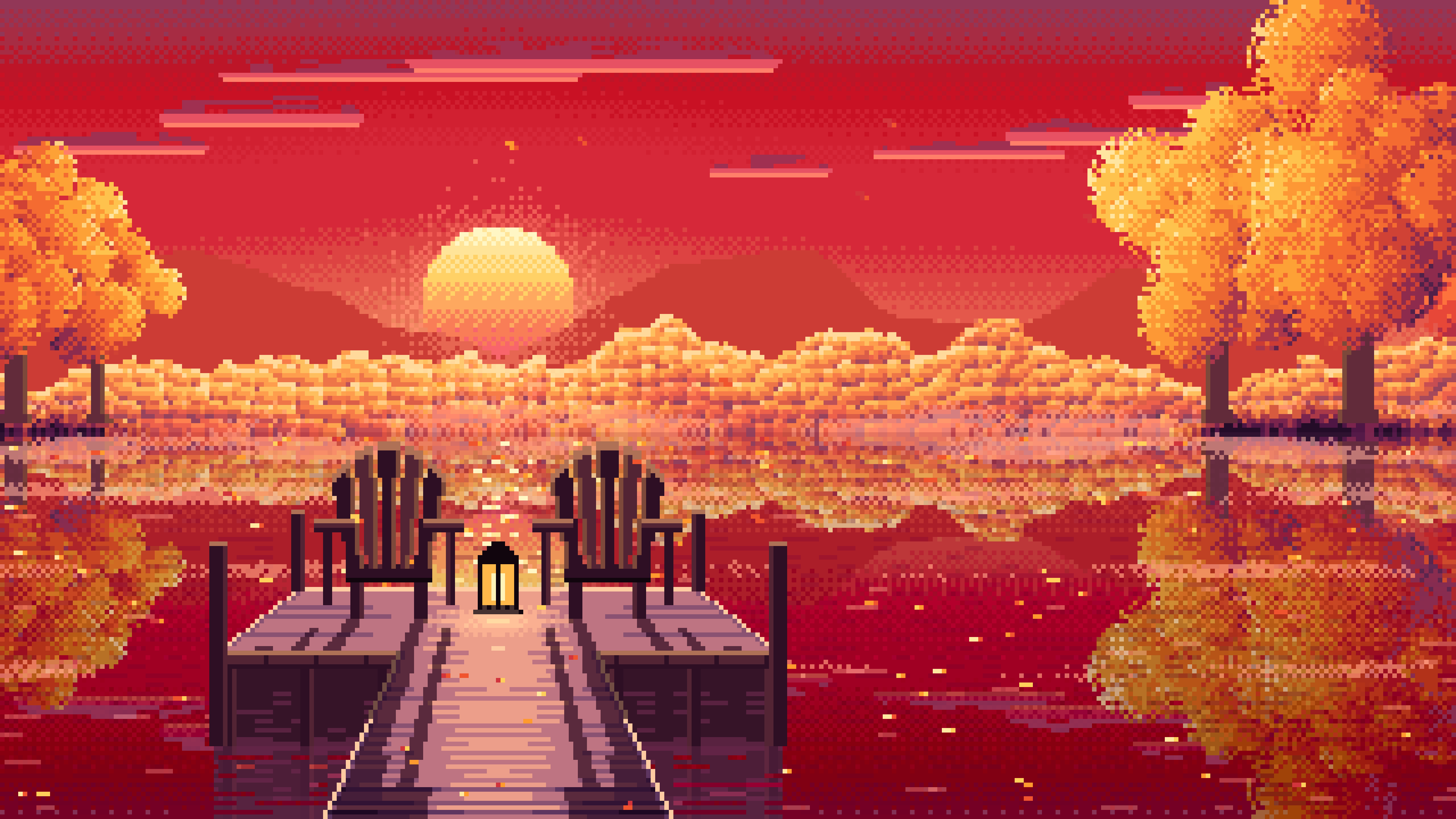Red Pixel Art Fall Lake Pier at Sunrise desktop wallpaper in 4K