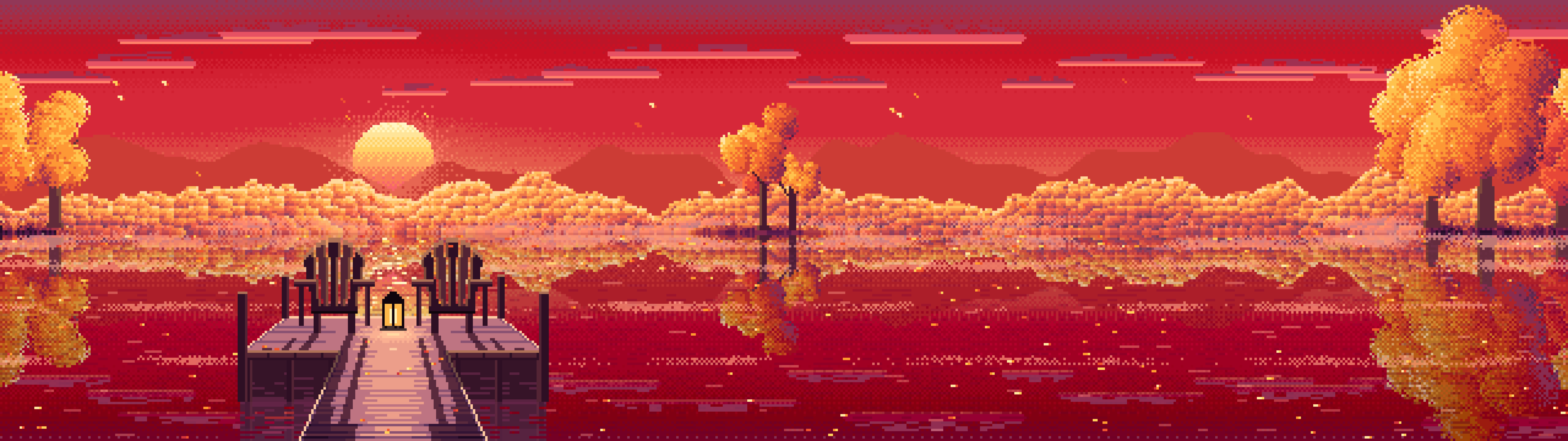 Red Pixel Art Fall Lake Pier at Sunrise dual monitor wallpaper, 7680 × 2160