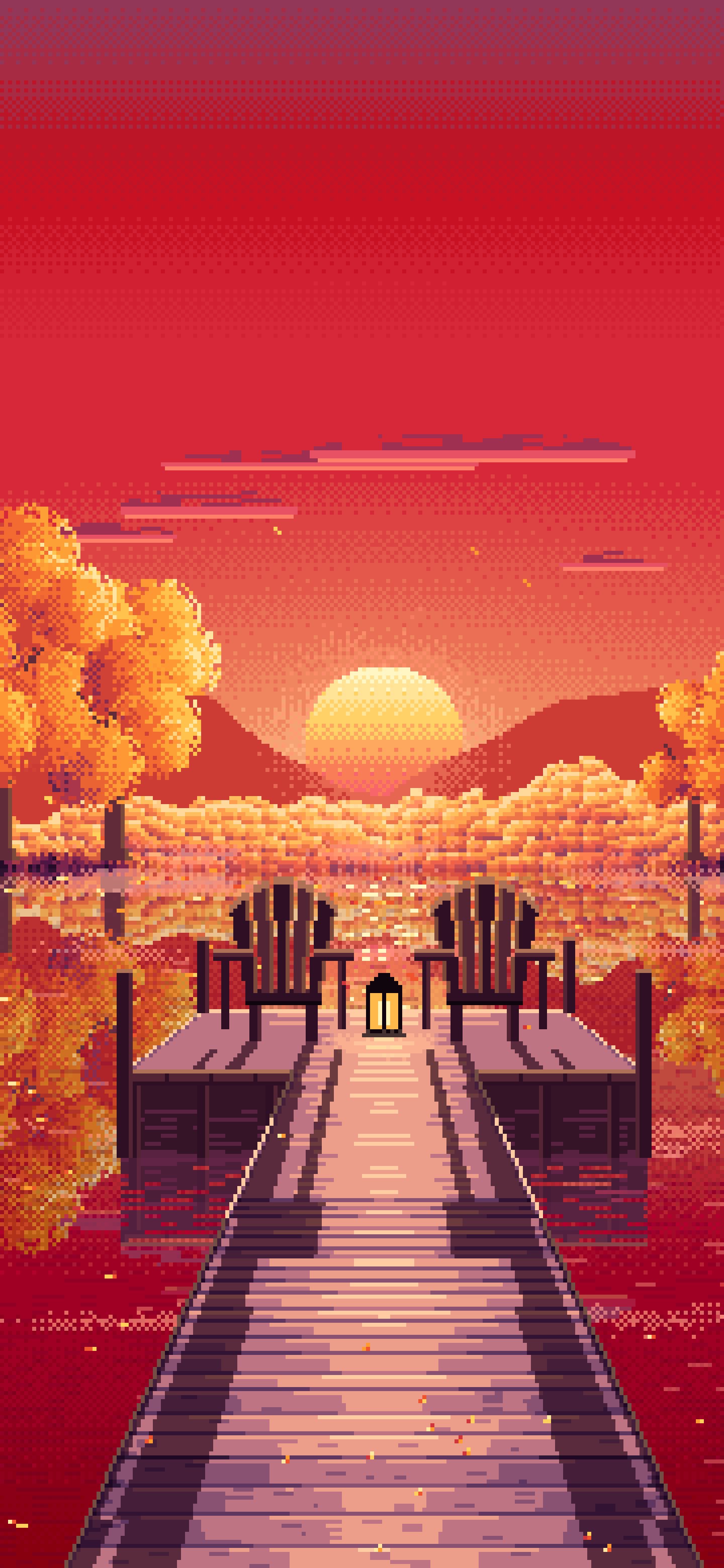 Red Pixel Art Fall Lake Pier at Sunrise wallpaper for iPhone and Android