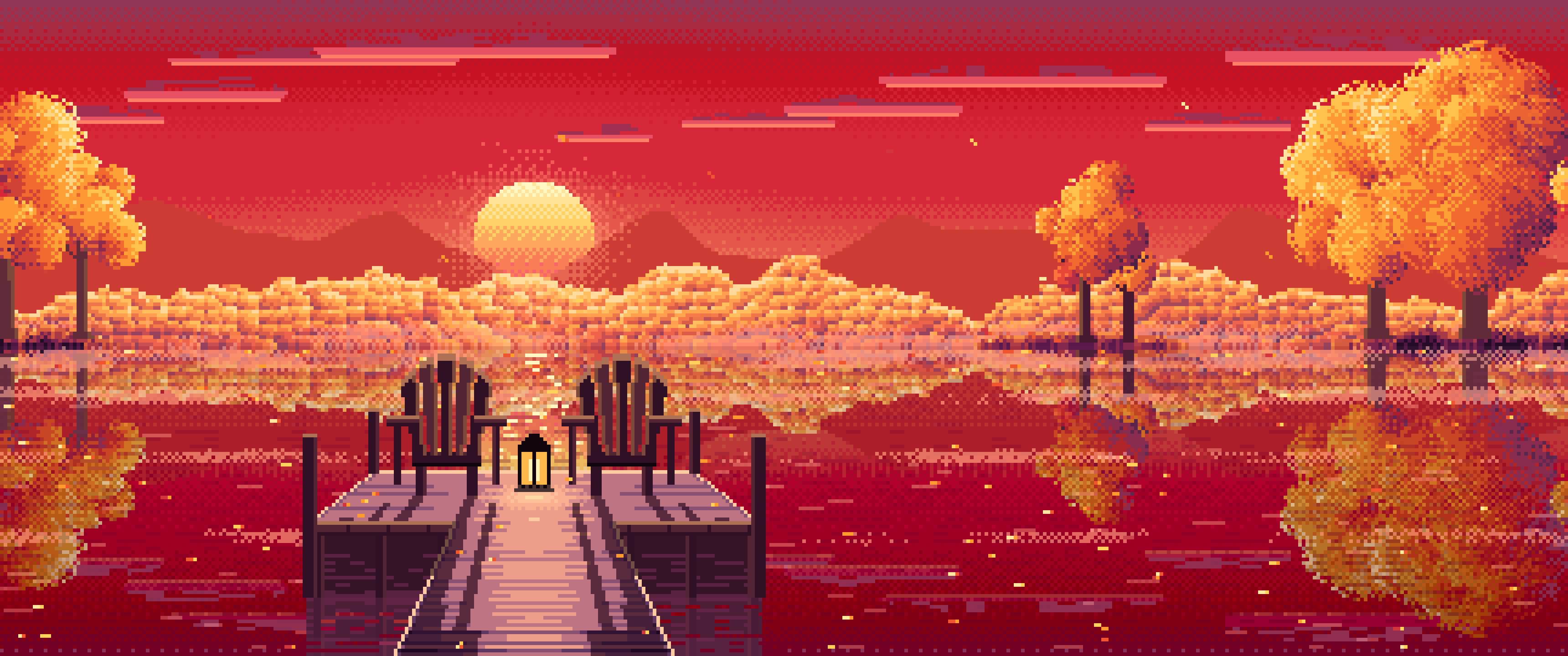 Red Pixel Art Fall Lake Pier at Sunrise ultrawide wallpaper, 3440 × 1440