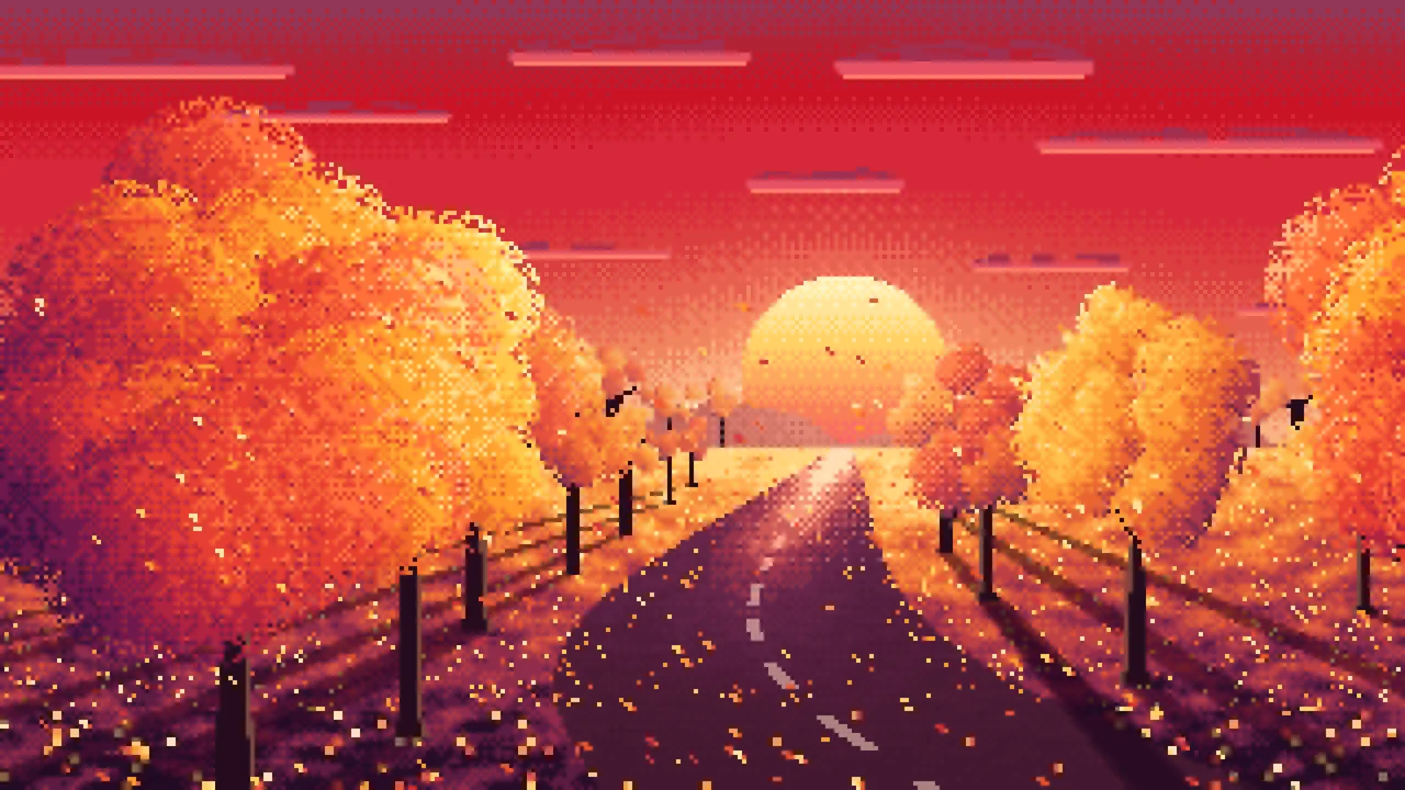 Red Pixel Art Fall Road at Sunset desktop wallpaper in 4K