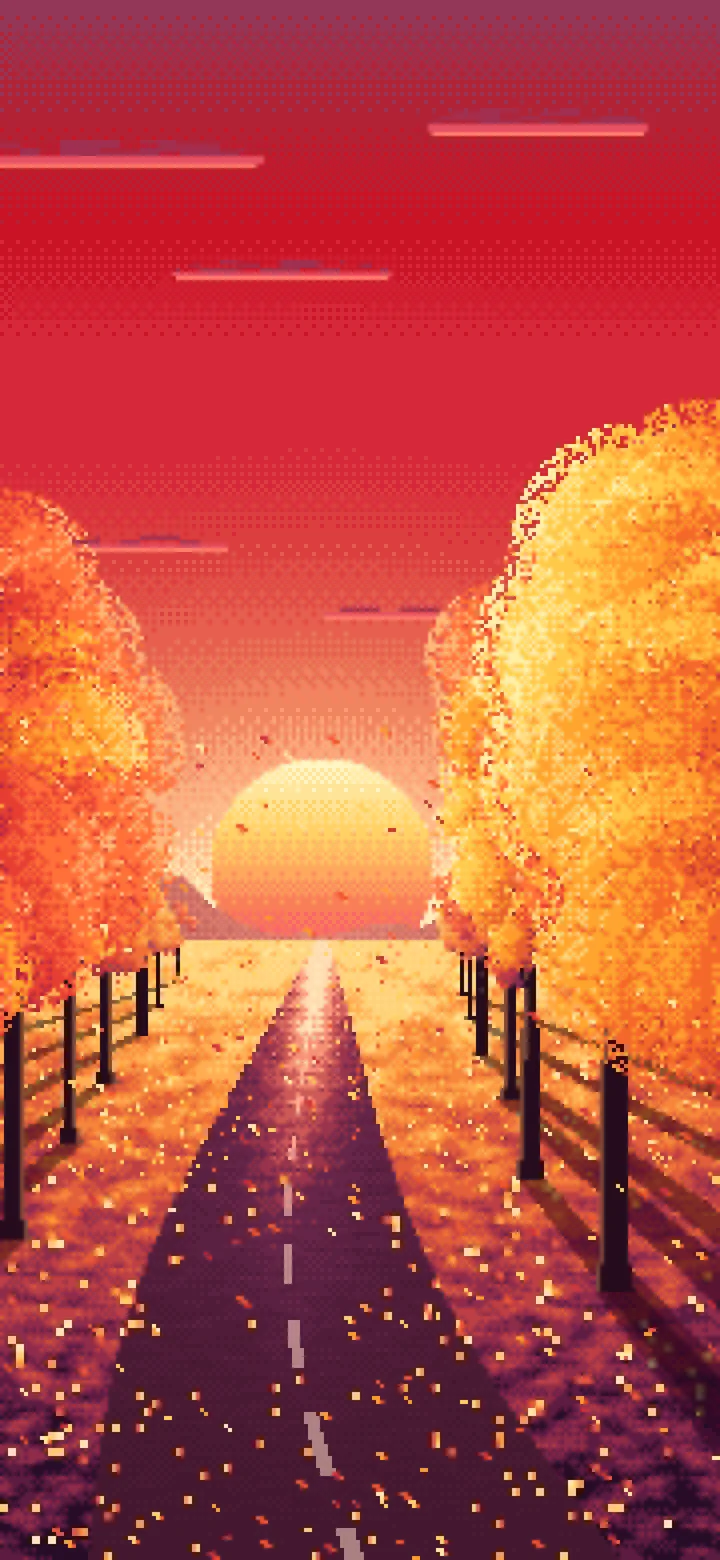 Red Pixel Art Fall Road at Sunset wallpaper for iPhone and Android