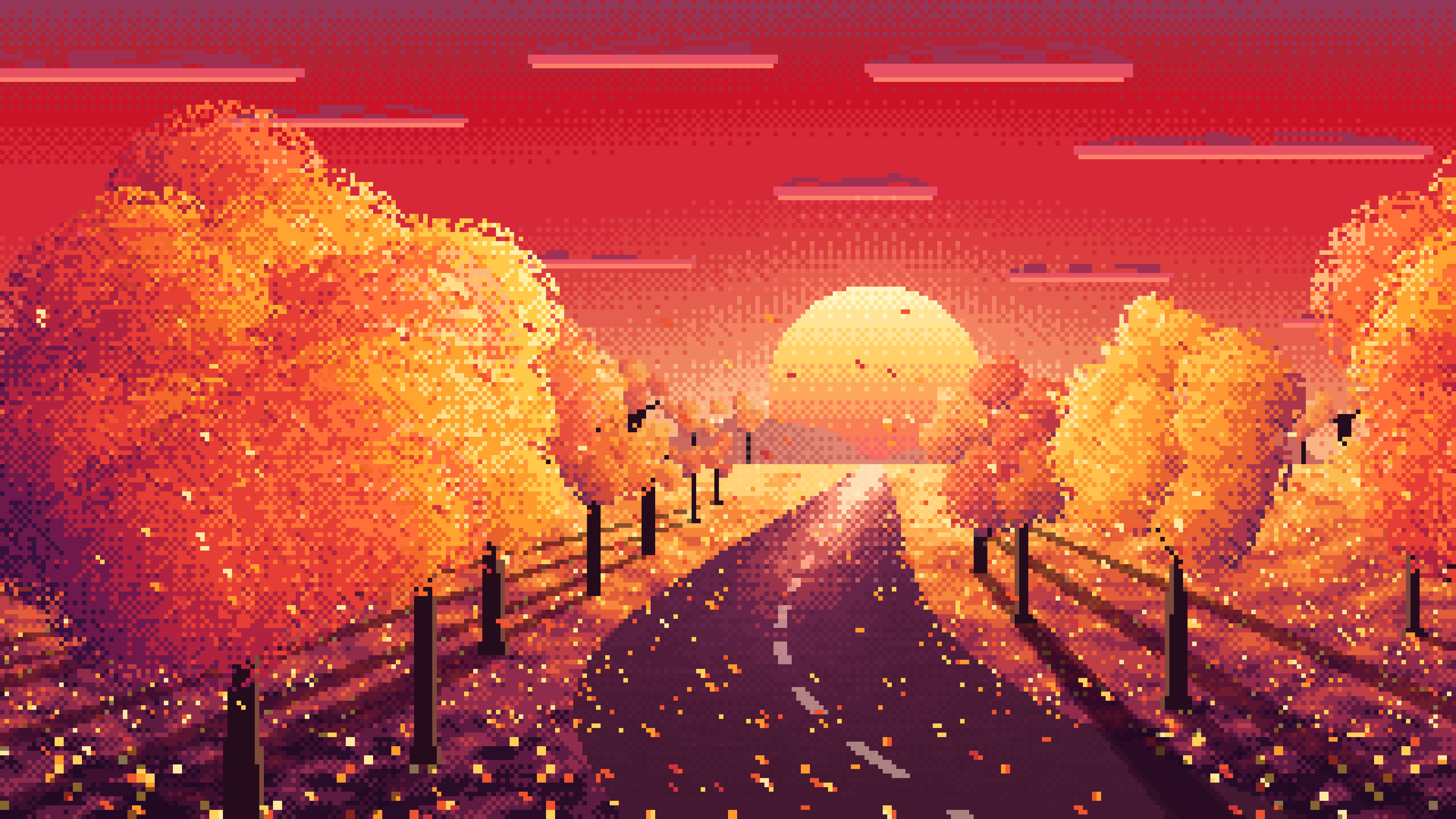 Red Pixel Art Fall Road at Sunset desktop wallpaper in 4K