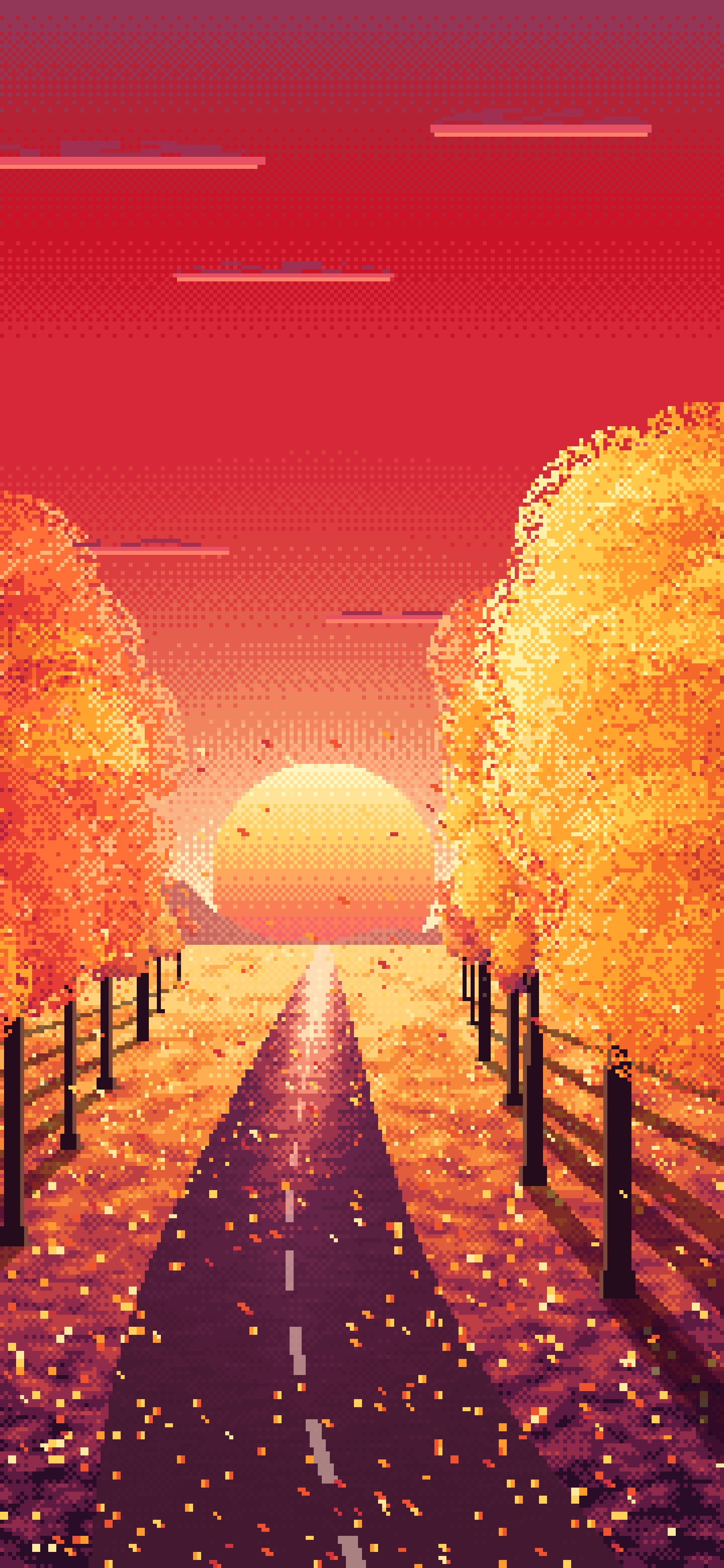 Red Pixel Art Fall Road at Sunset wallpaper for iPhone and Android